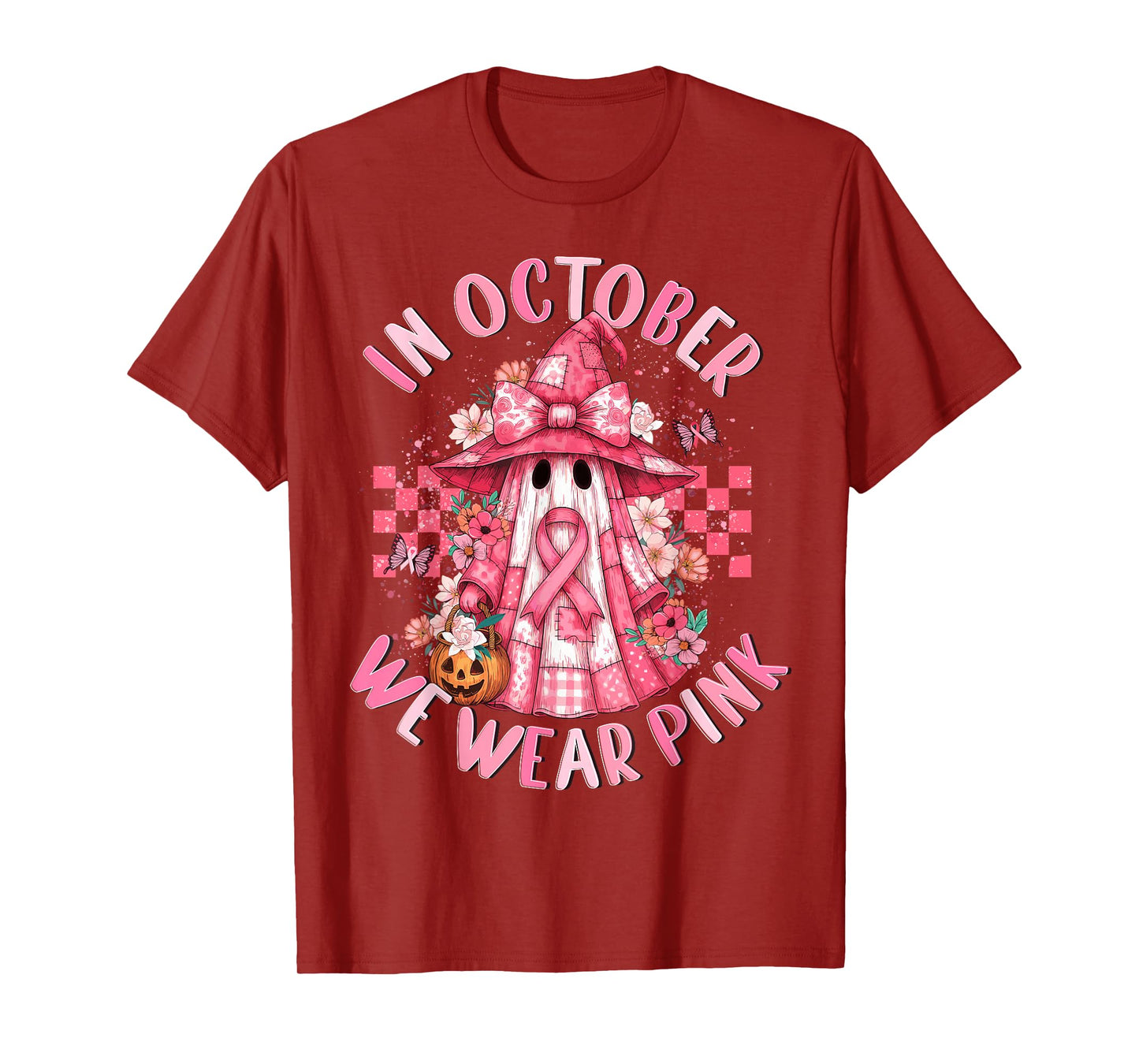 in October We Wear Pink Ghost Witch Breast Cancer Awareness T-Shirt