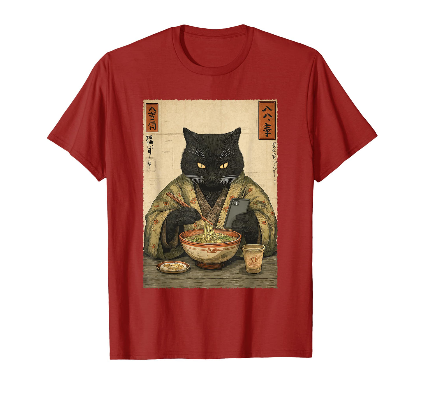 Samurai Cat Eat Ramen Scroll Phone Japanese Food Humor Art T-Shirt