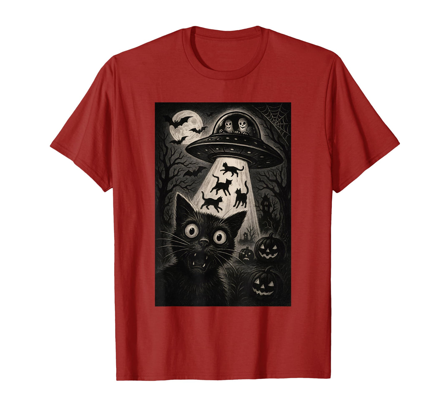 Halloween Cat Selfie Spooky Night Alien Abduction Cats UFO T-Shirt