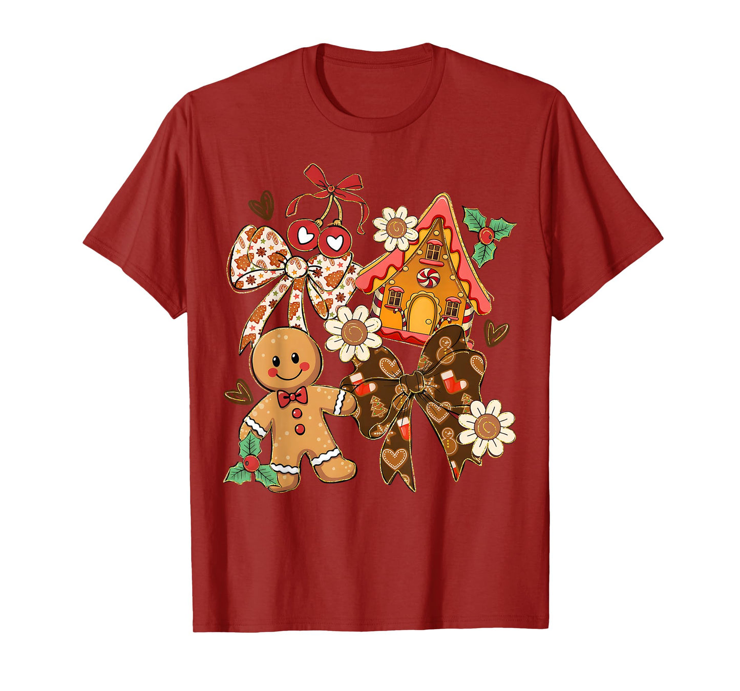 Preppy Christmas Gingerbread Coquette Bow Floral Xmas Pajama T-Shirt