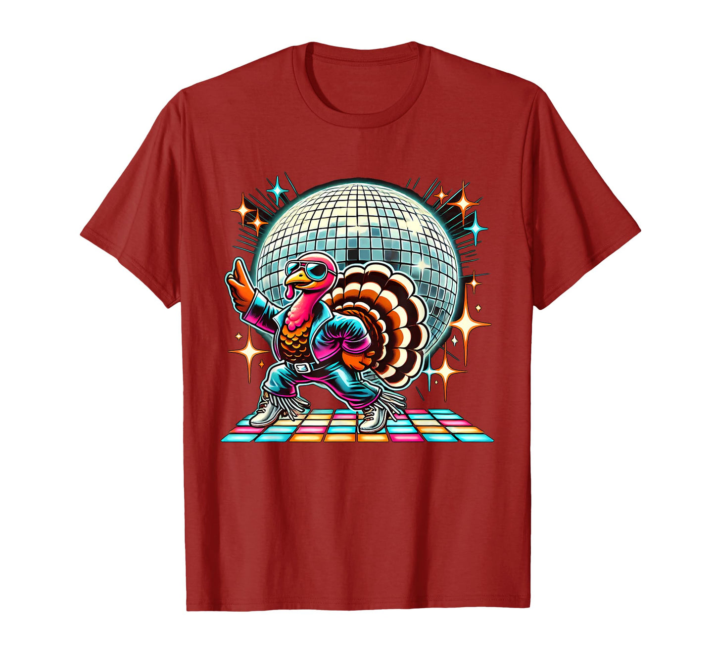 Disco Turkey Halloween Tees Unisex-Adult Black Cartoon Turkey Disco T-Shirt Small Straight Short Sleeve T-Shirt