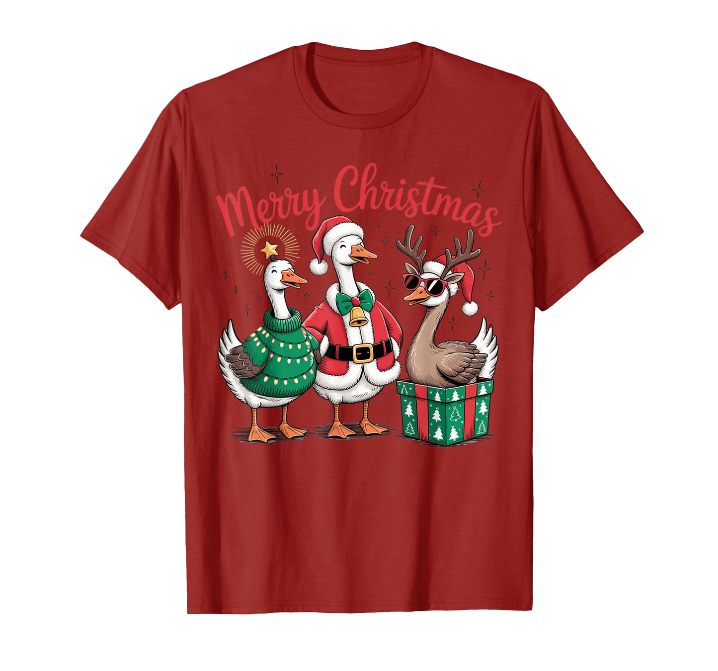 Funny Christmas Geese Santa Reindeer Holiday Outfit T-Shirt