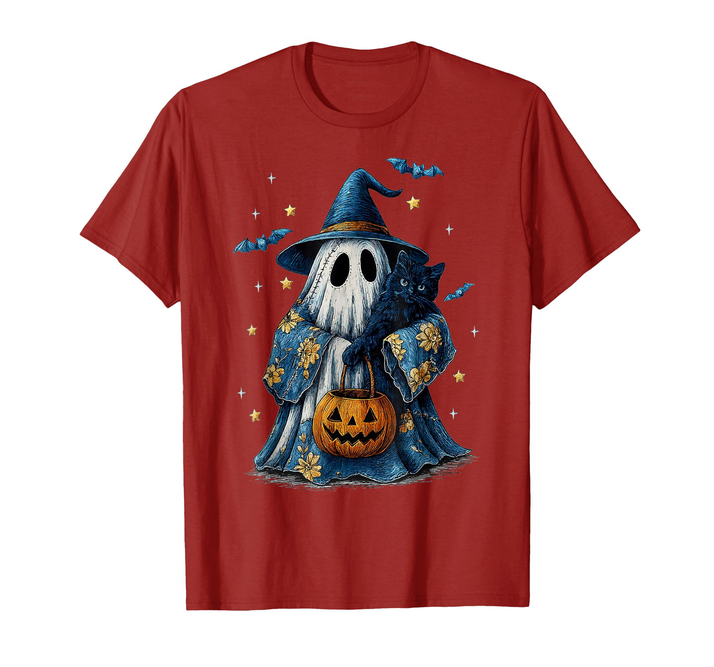 Vintage Halloween Ghost Holding Black Cat Groovy Floral T-Shirt