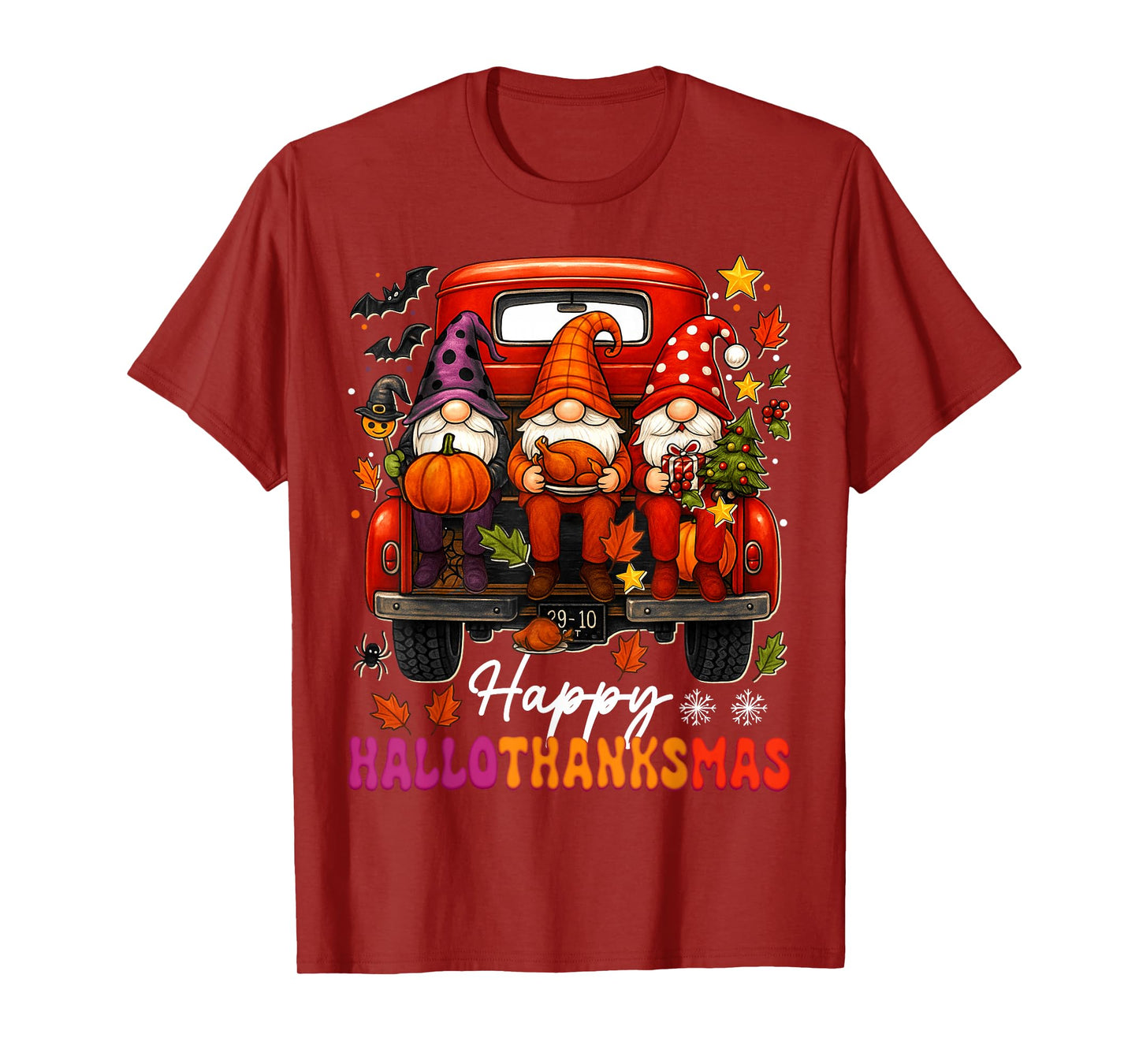 Happy Hallothanksmas Gnomes Truck Halloween Merry Christmas T-Shirt