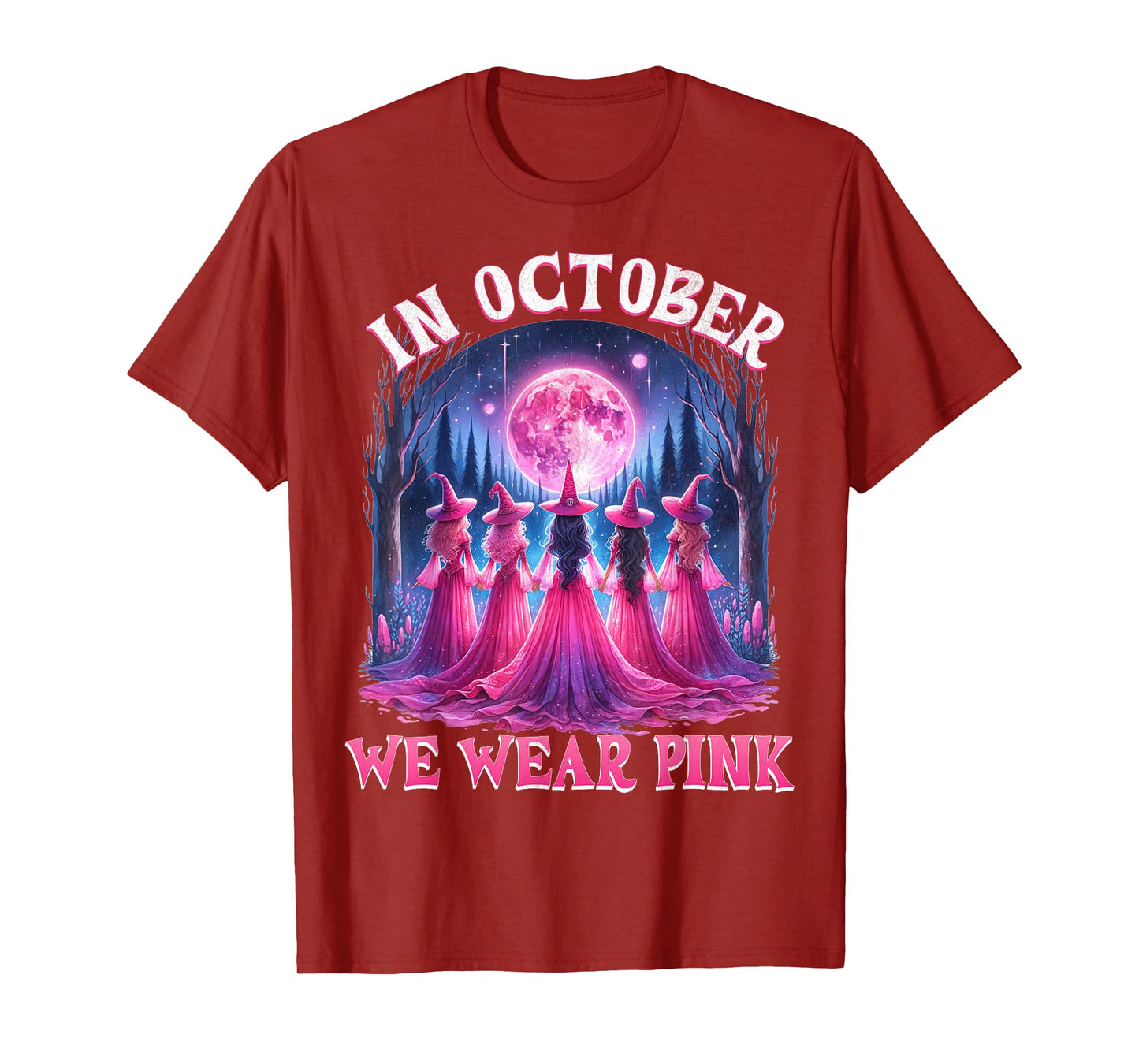 in October We Wear Pink Witch Halloween Breast Cancer Women T-Shirt