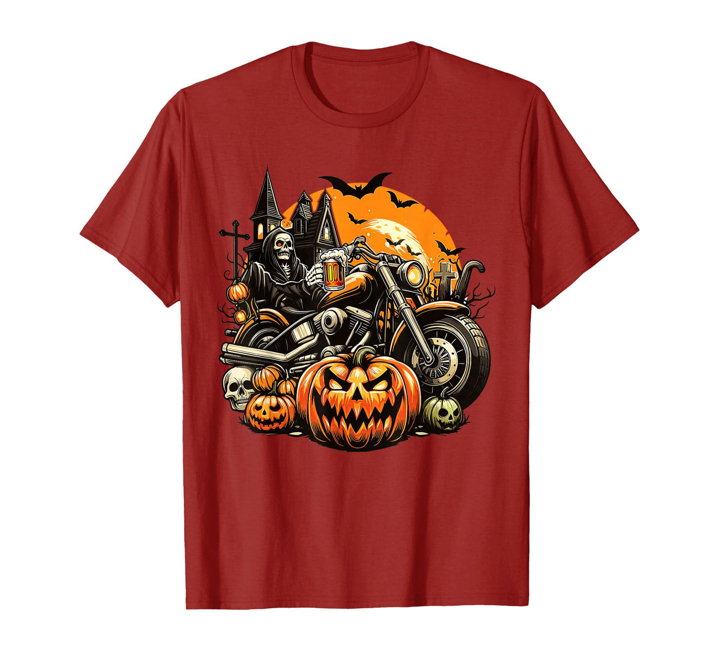 Skeleton Drinking Beer On Motorcycle Halloween Pumpkins T-Shirt