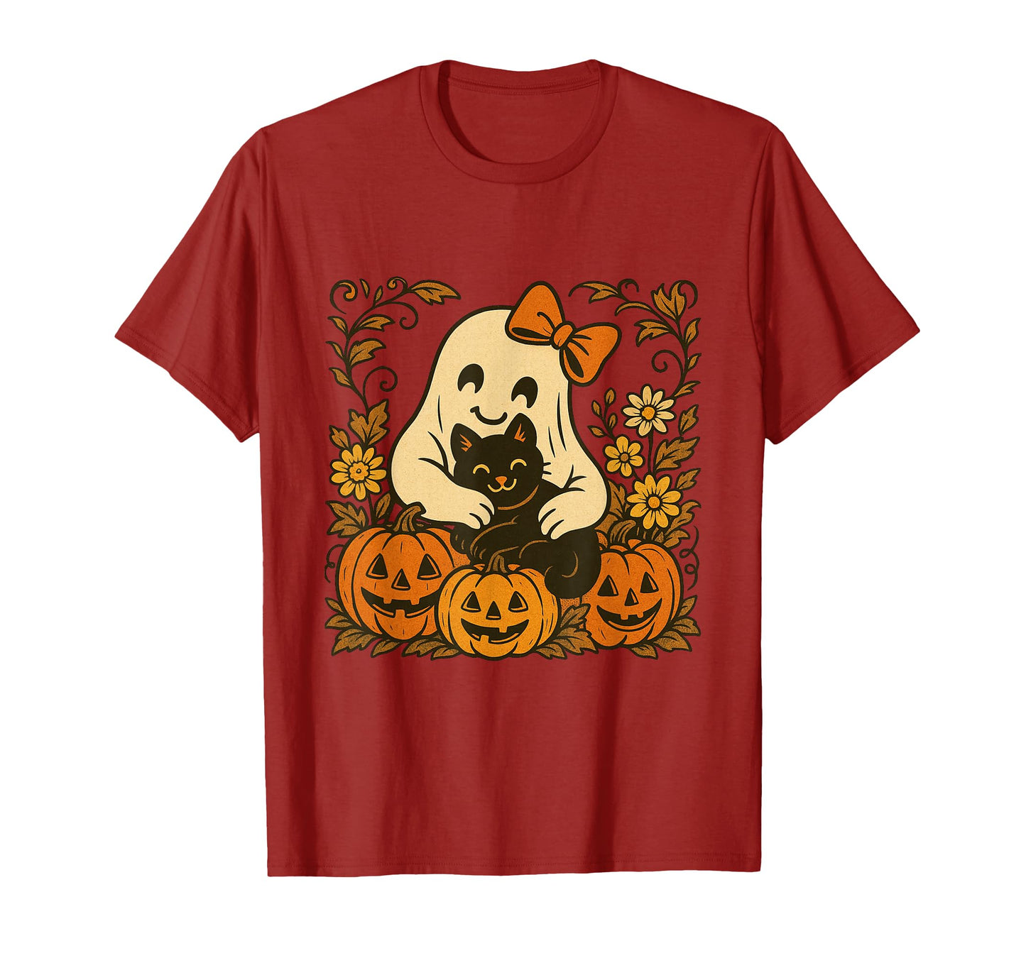 Vintage Halloween Ghost Holding Black Cat Groovy Floral T-Shirt