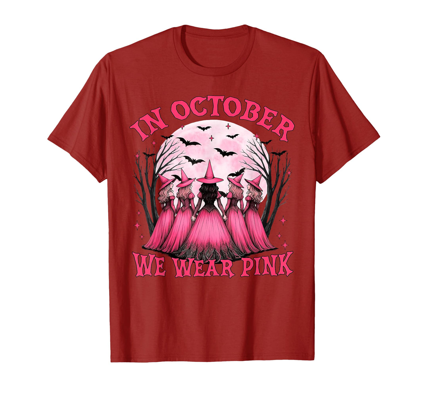 in October We Wear Pink Witch Halloween Breast Cancer Women T-Shirt