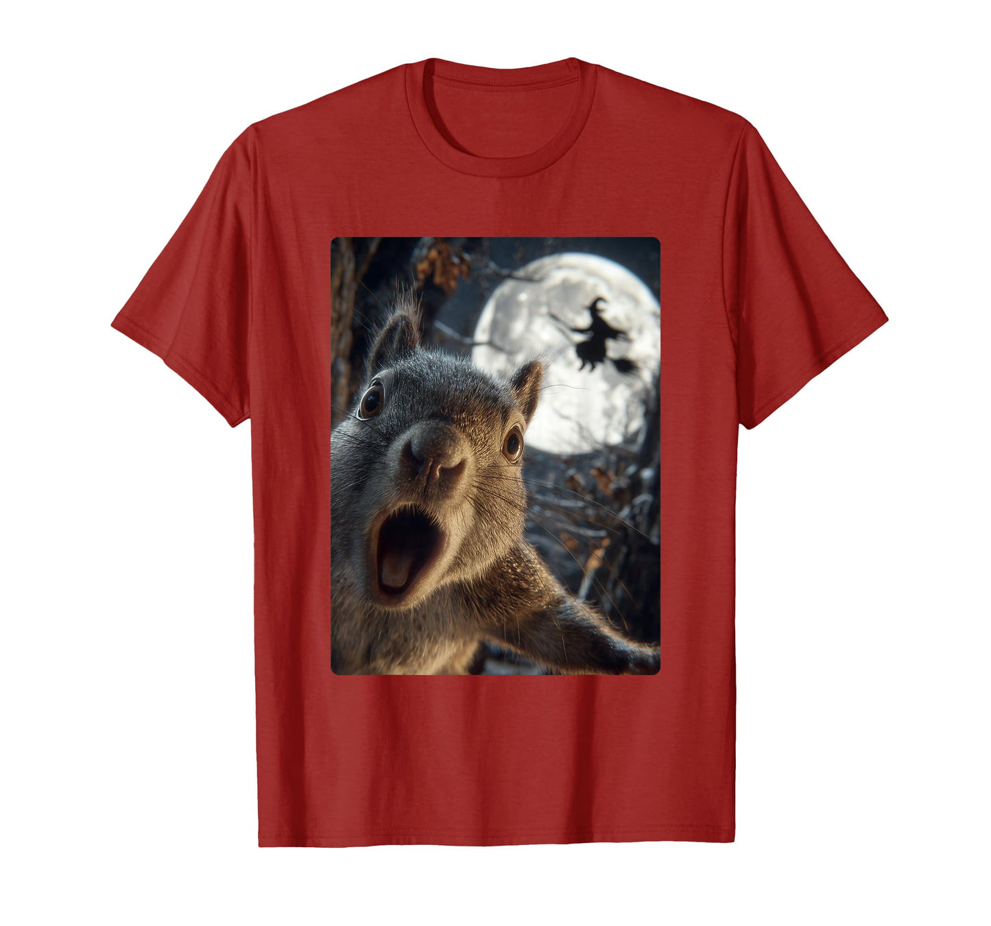 Funny Squirrel Selfie with Full Moon Flying Witch Halloween T-Shirt
