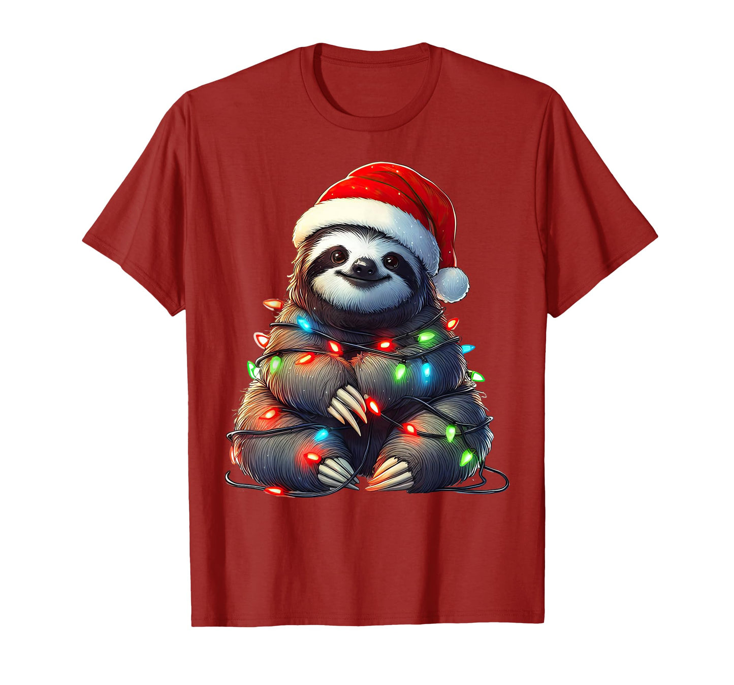 Sloth Christmas Lights Funny Santa Hat Merry Xmas T-Shirt