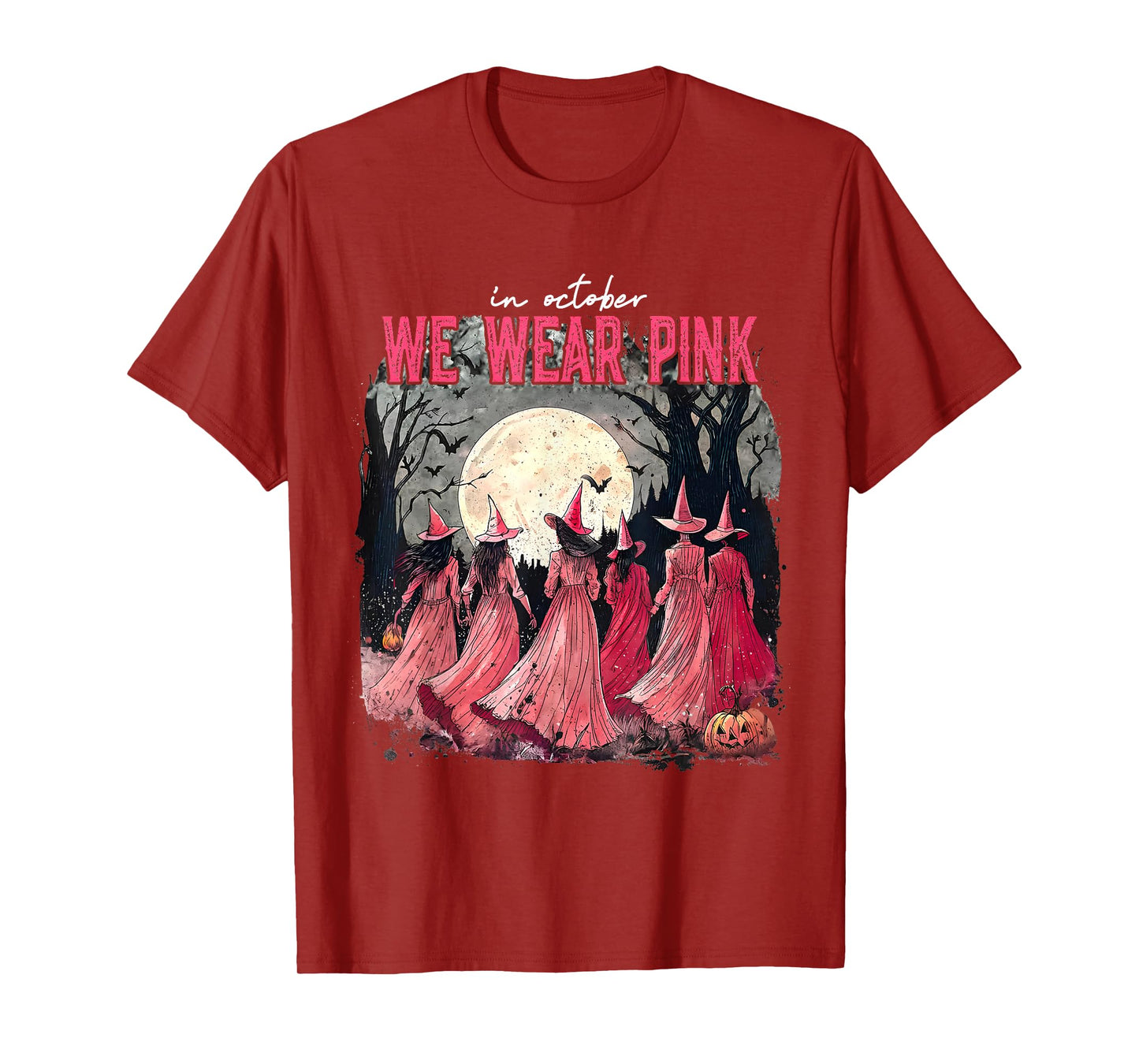 in October We Wear Pink Halloween Salem Witch Breast Cancer T-Shirt