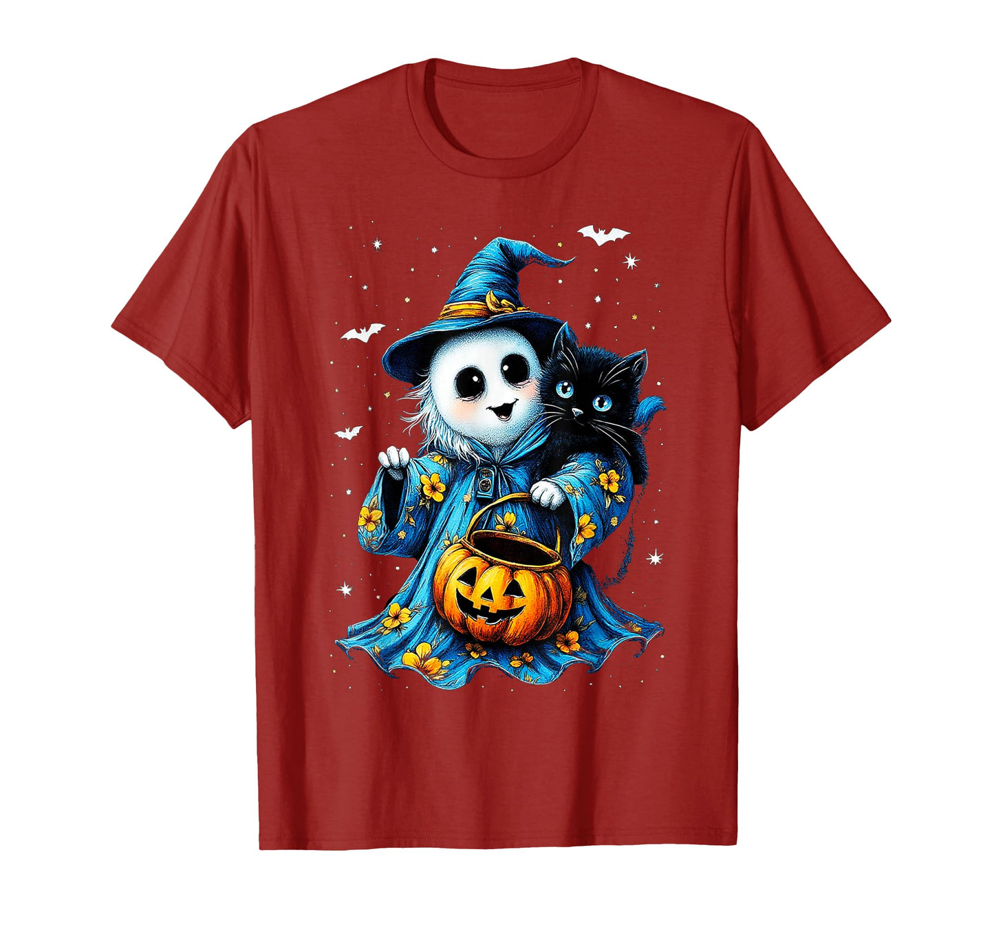Ghost Holding Black Cat Lover Halloween 2025 Groovy Floral T-Shirt