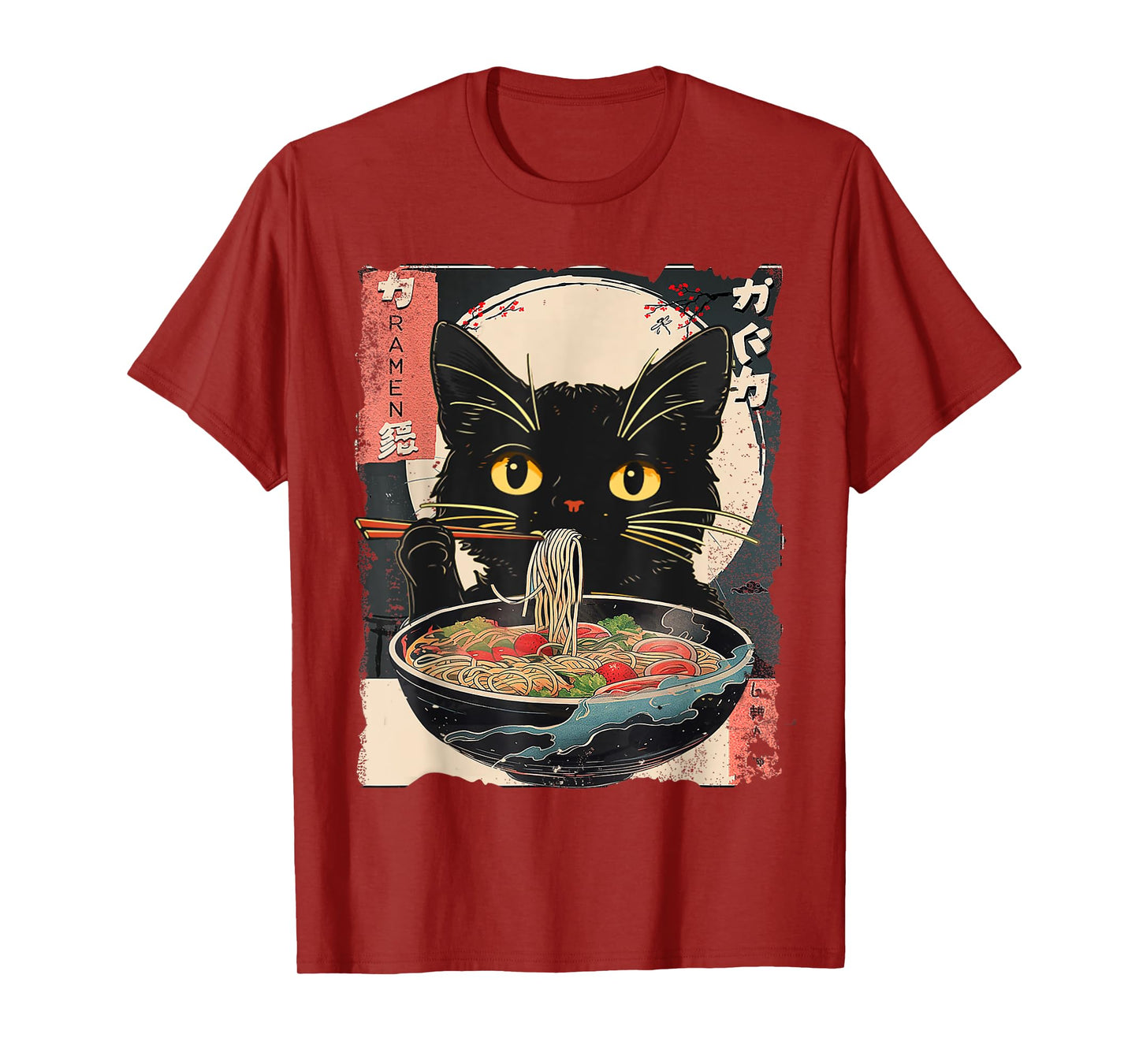 Kawaii Cat Ramen Noodles Anime Gifts Funny Cat Eating Ramen Vintage Japanese Noodles Unisex-Adult T-Shirt, Black, Small, Short Sleeve, T-Shirt, All Seasons