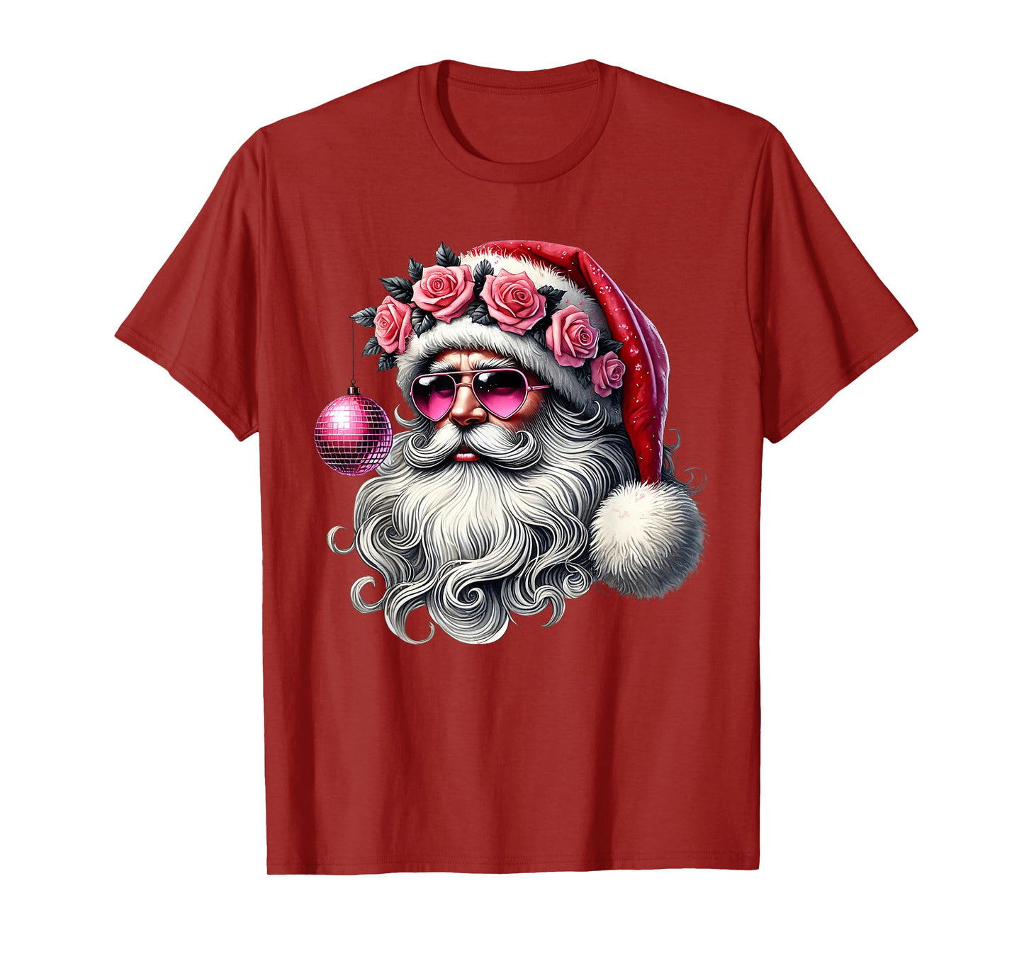 Disco Santa Claus Pink Christmas Roses Sunglasses Santa Xmas T-Shirt