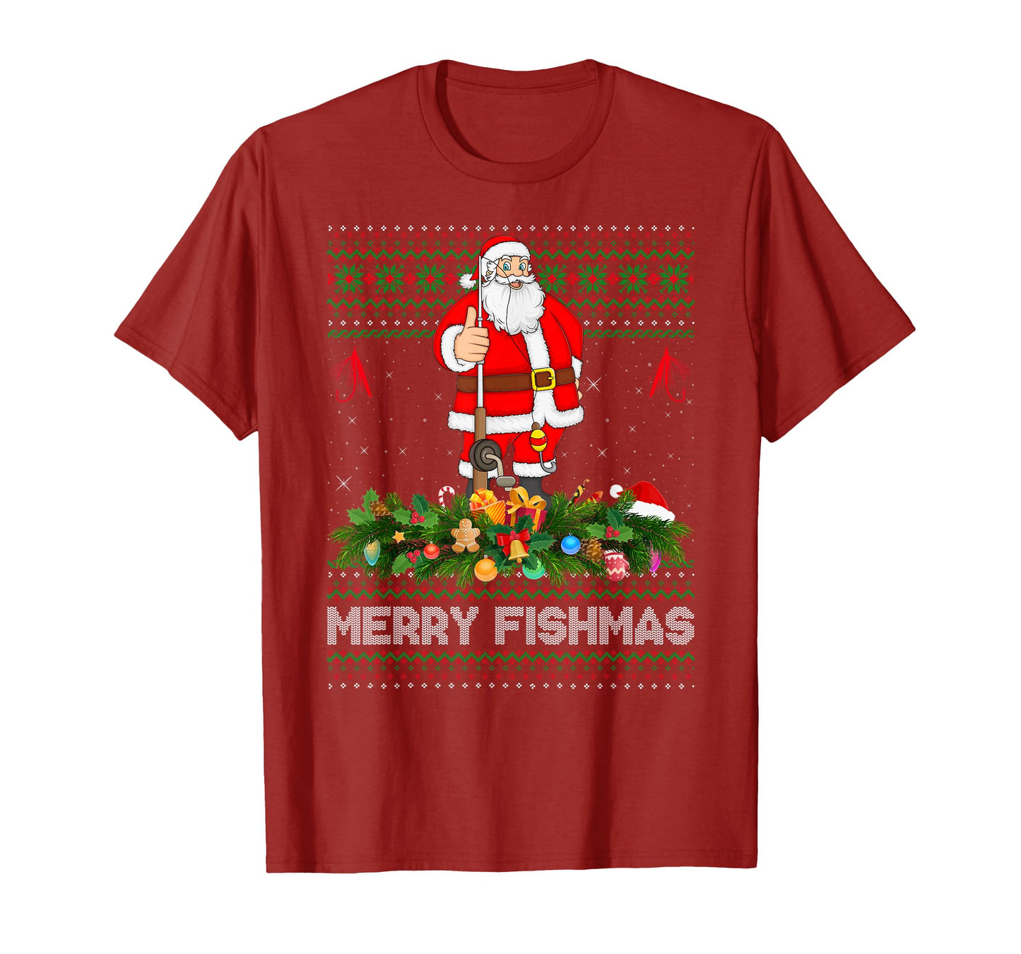 Fishing Santa Ugly Christmas Sweaters Merry Fishmas Xmas T-Shirt