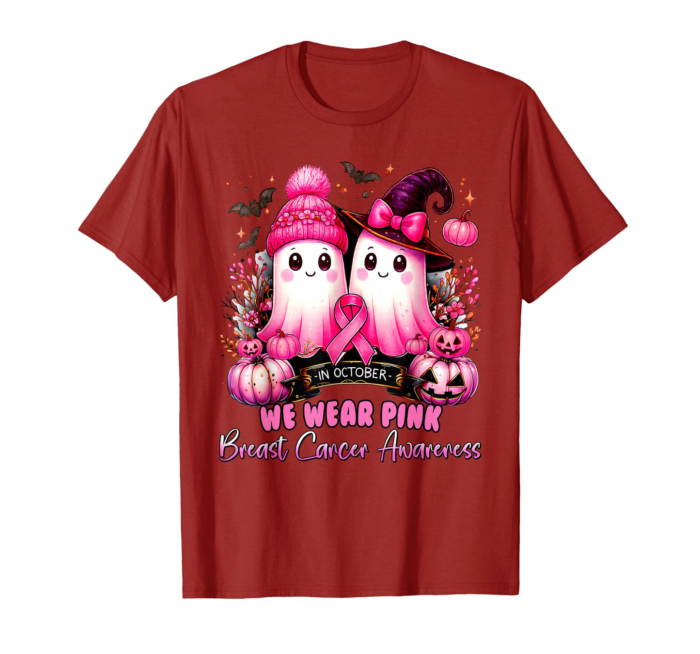in October We Wear Pink Ghost Witch Breast Cancer Awareness T-Shirt