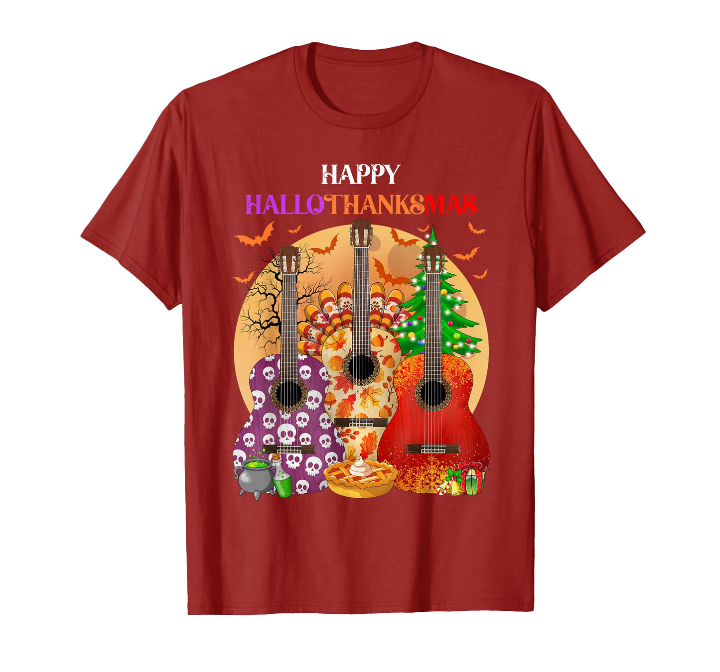 Happy HalloThanksMas Guitar Halloween Thanksgiving Christmas T-Shirt