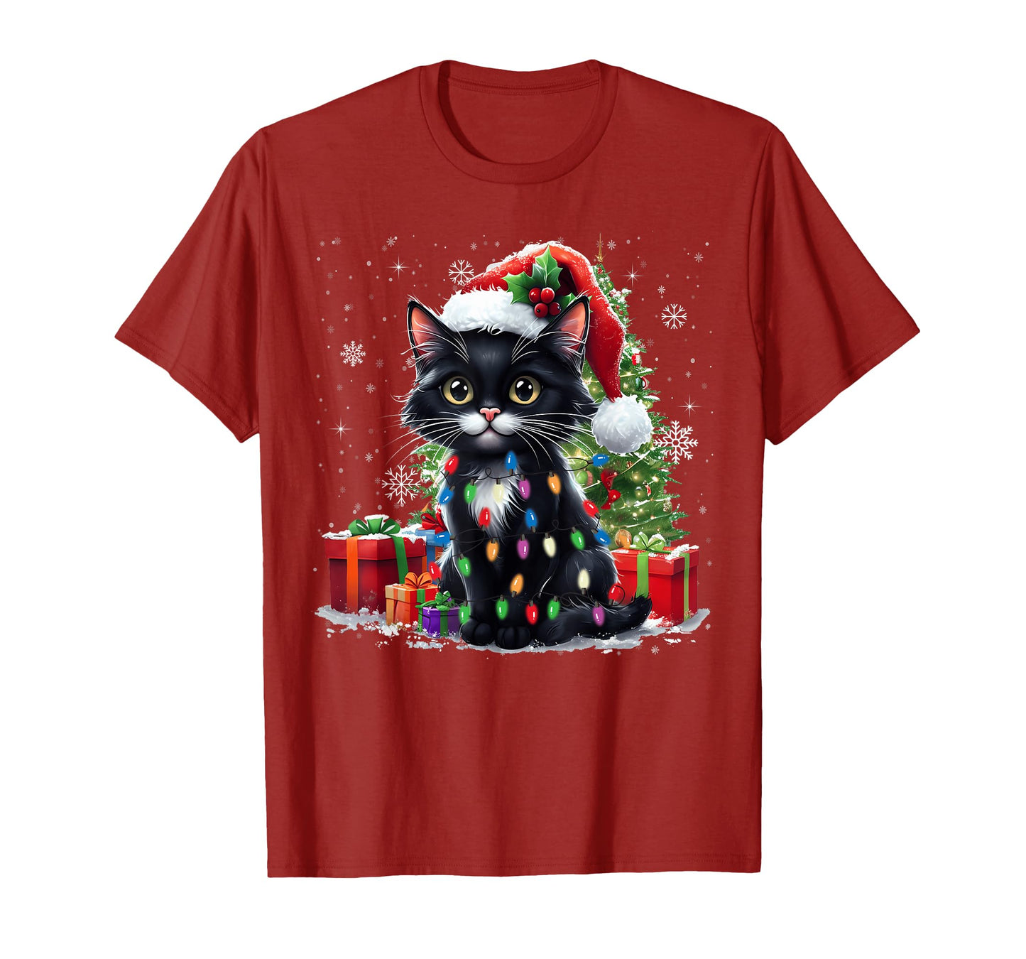 Black Cat Christmas Tree Light Cat Lover Xmas Men Women Kids T-Shirt