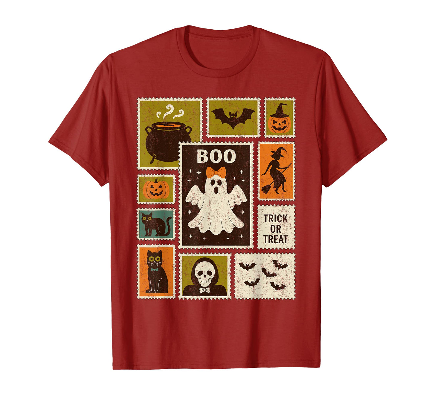 Halloween Stamps Spooky Pumpkin Ghost Cat Witch Skeleton T-Shirt