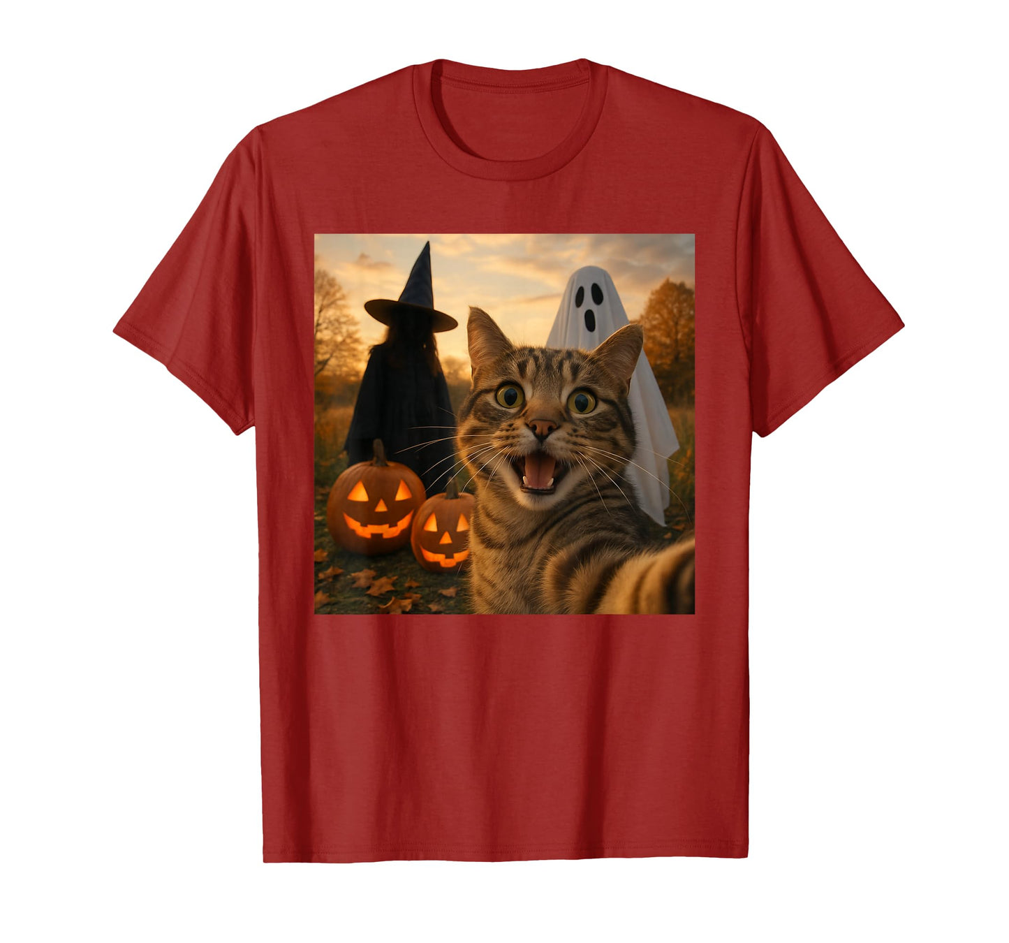 Funny Cat Selfie with a Witch & Ghost Scary Halloween T-Shirt