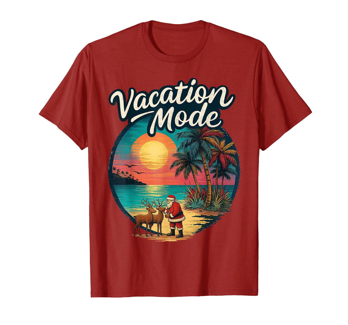Vacation Mode in Tropical Sunset - Santa with Reindeer T-Shirt