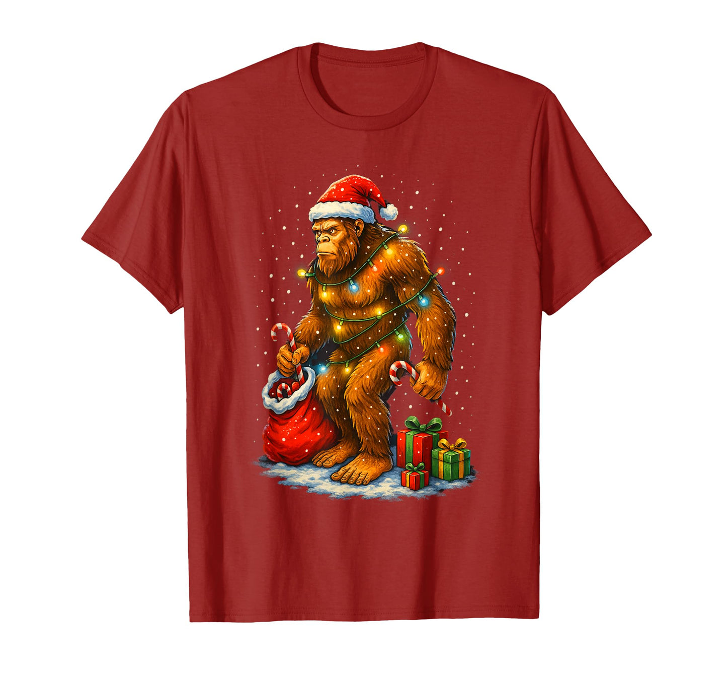 Santa Bigfoot Christmas Lights Funny Sasquatch T-Shirt