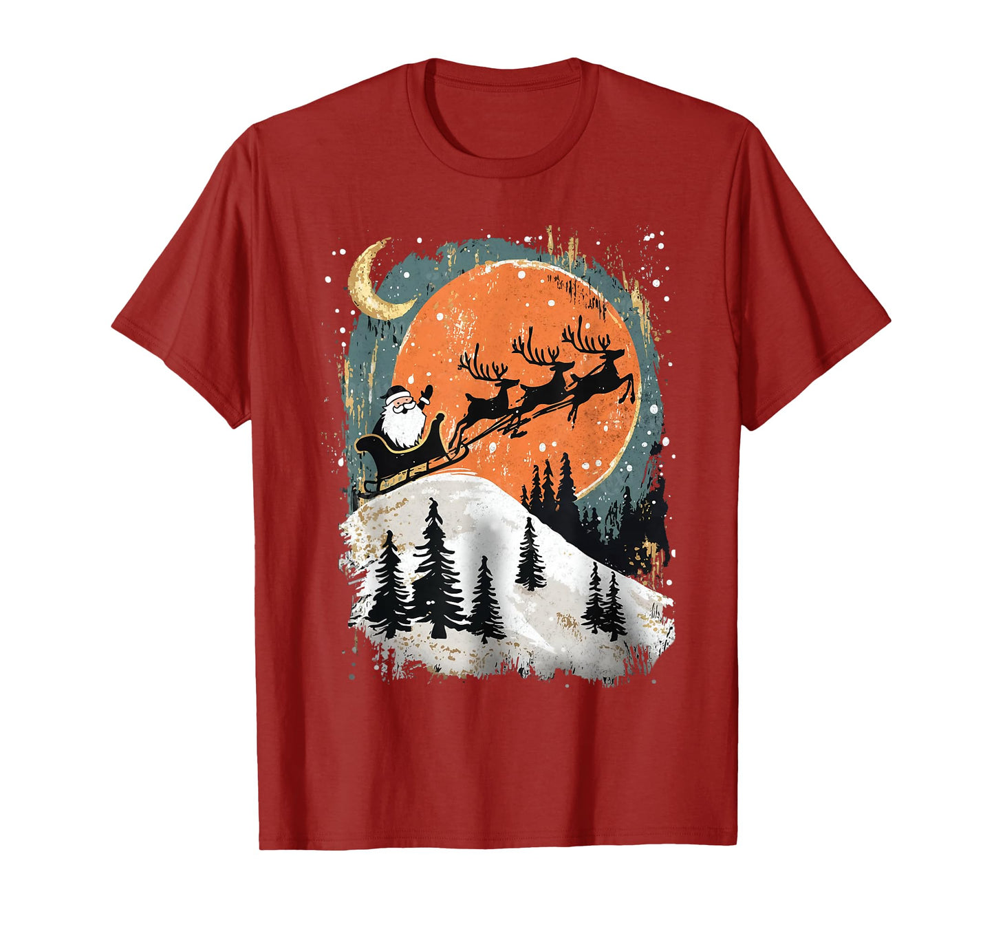 Retro Christmas Santa Reindeer Sleigh Christmas Moon Vintage T-Shirt