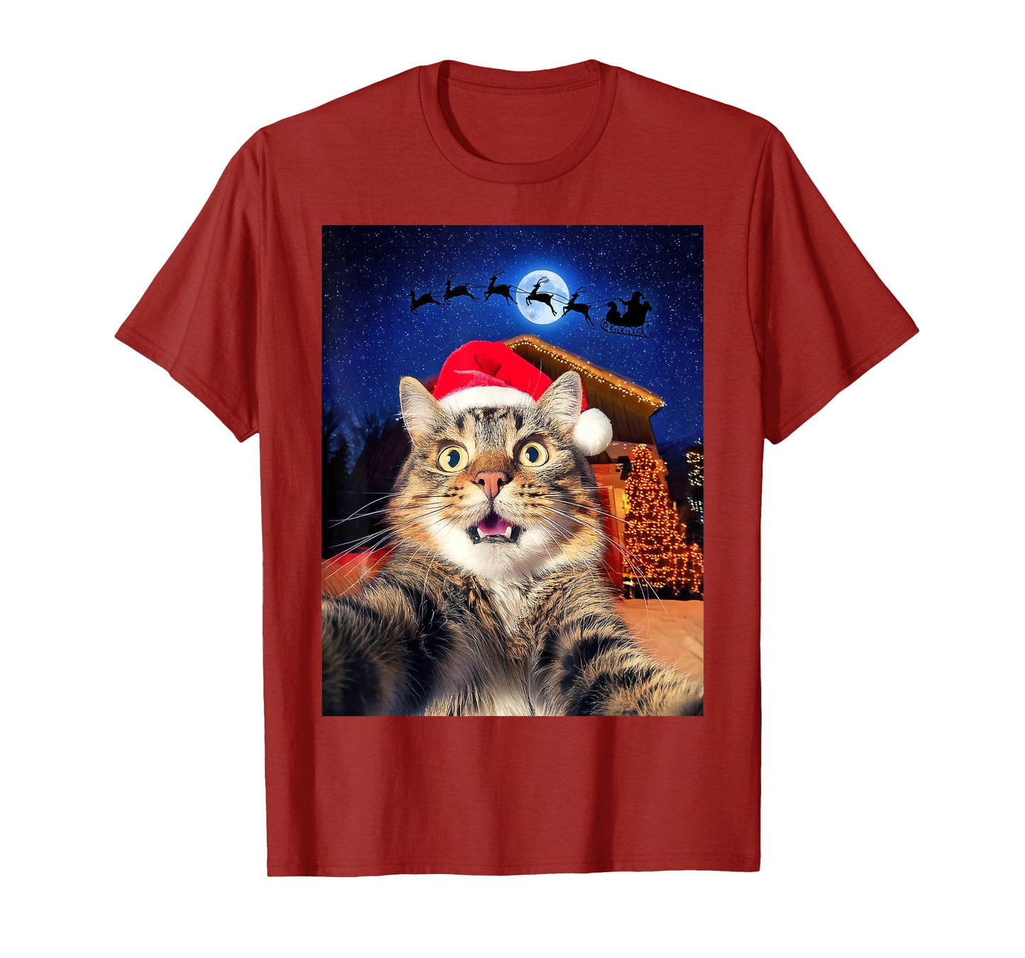 Cat Selfie with Santa, Reindeer, and Sleigh Funny Christmas T-Shirt