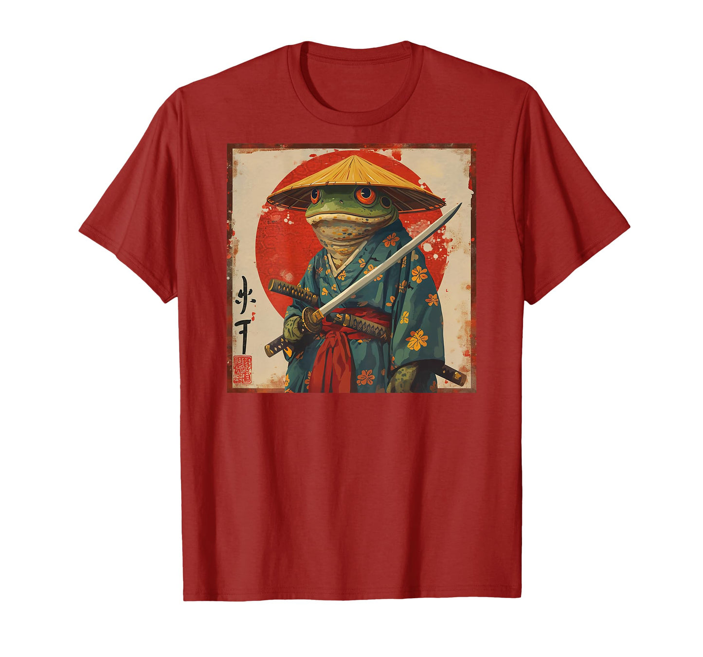 Japanese Woodblock Art: Samurai Frog Japanese kanji on back T-Shirt