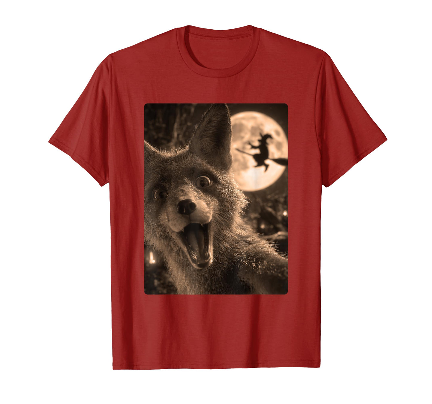 Funny Fox Selfie Full Moon Flying Witch Forest Halloween T-Shirt