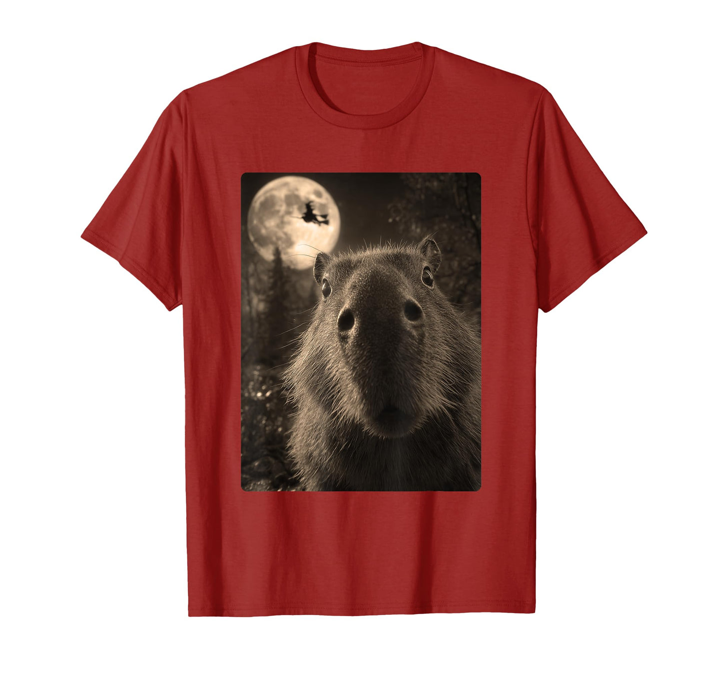 Funny Capybara Selfie Full Moon Flying Witch Halloween T-Shirt