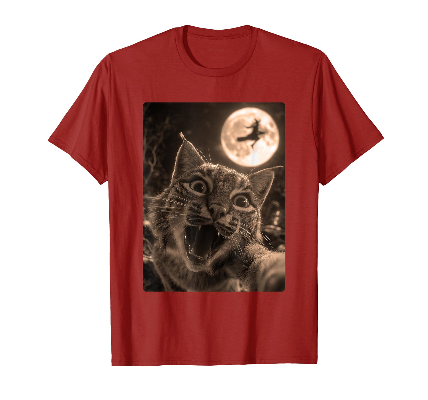Funny Bobcat Selfie Full Moon Flying Witch Forest Halloween T-Shirt