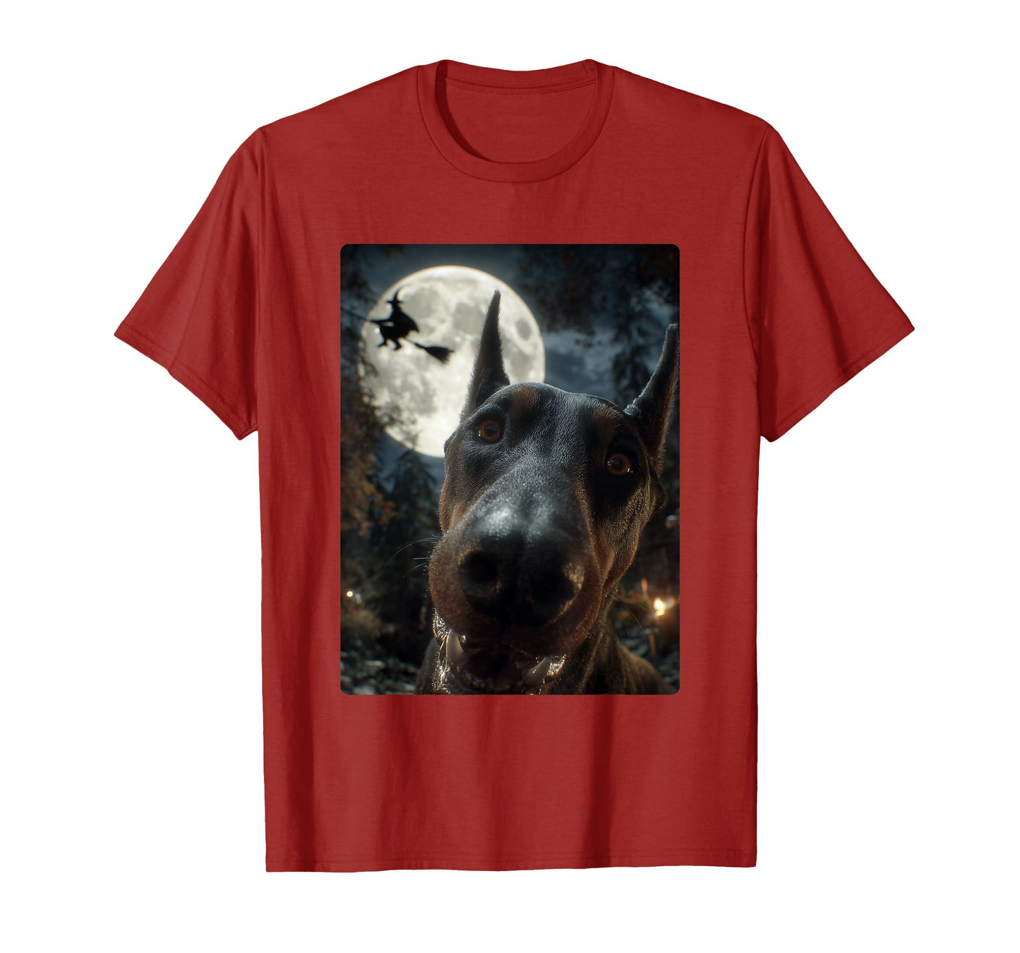 Funny Doberman Selfie Full Moon Flying Witch Halloween Dog T-Shirt