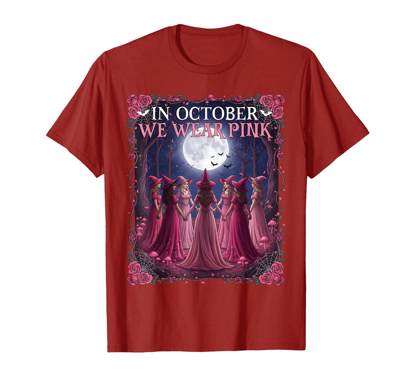 in October We Wear Pink Witch Halloween Breast Cancer T-Shirt