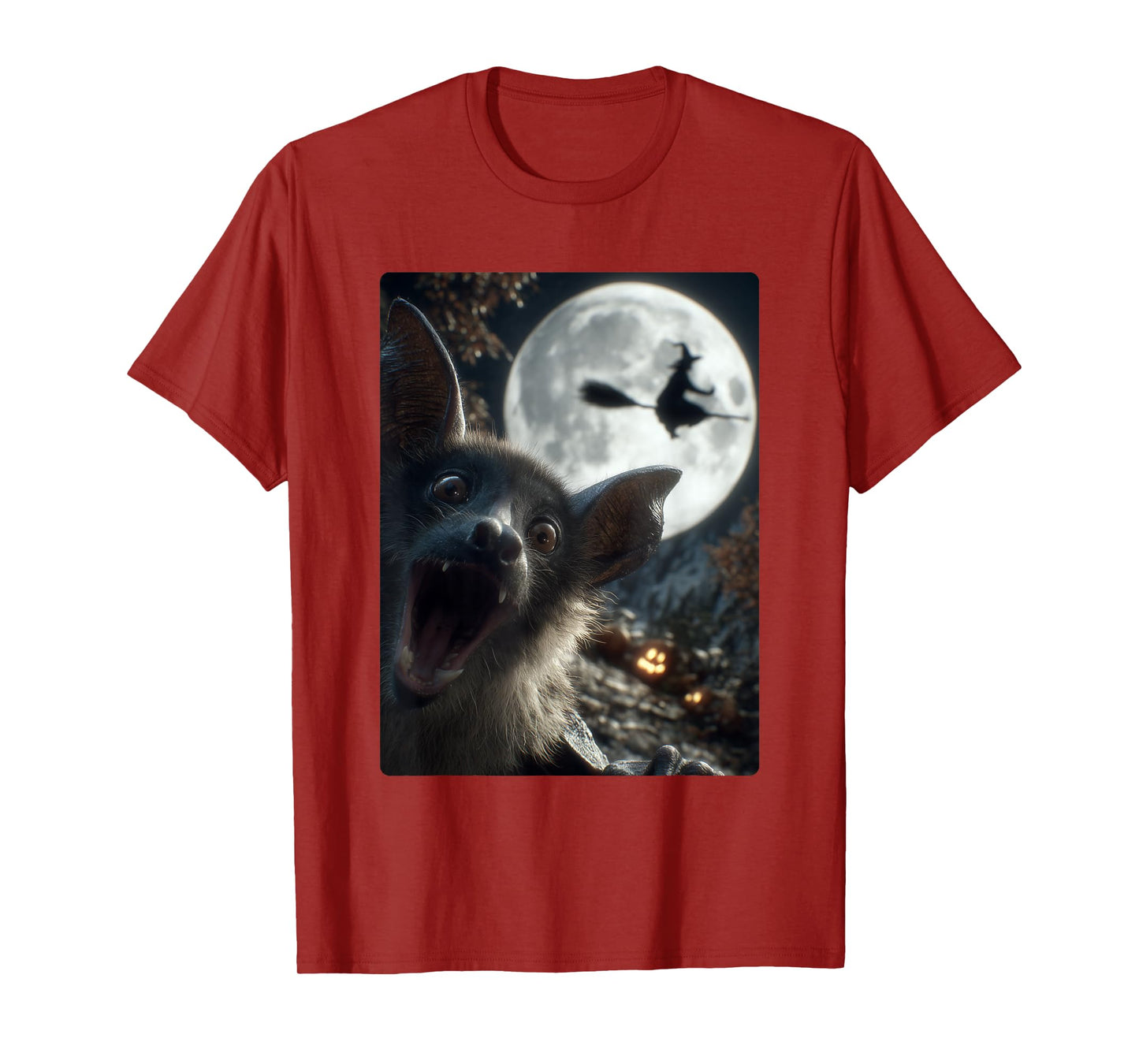Funny Bat Selfie Full Moon Flying Witch Forest Halloween T-Shirt