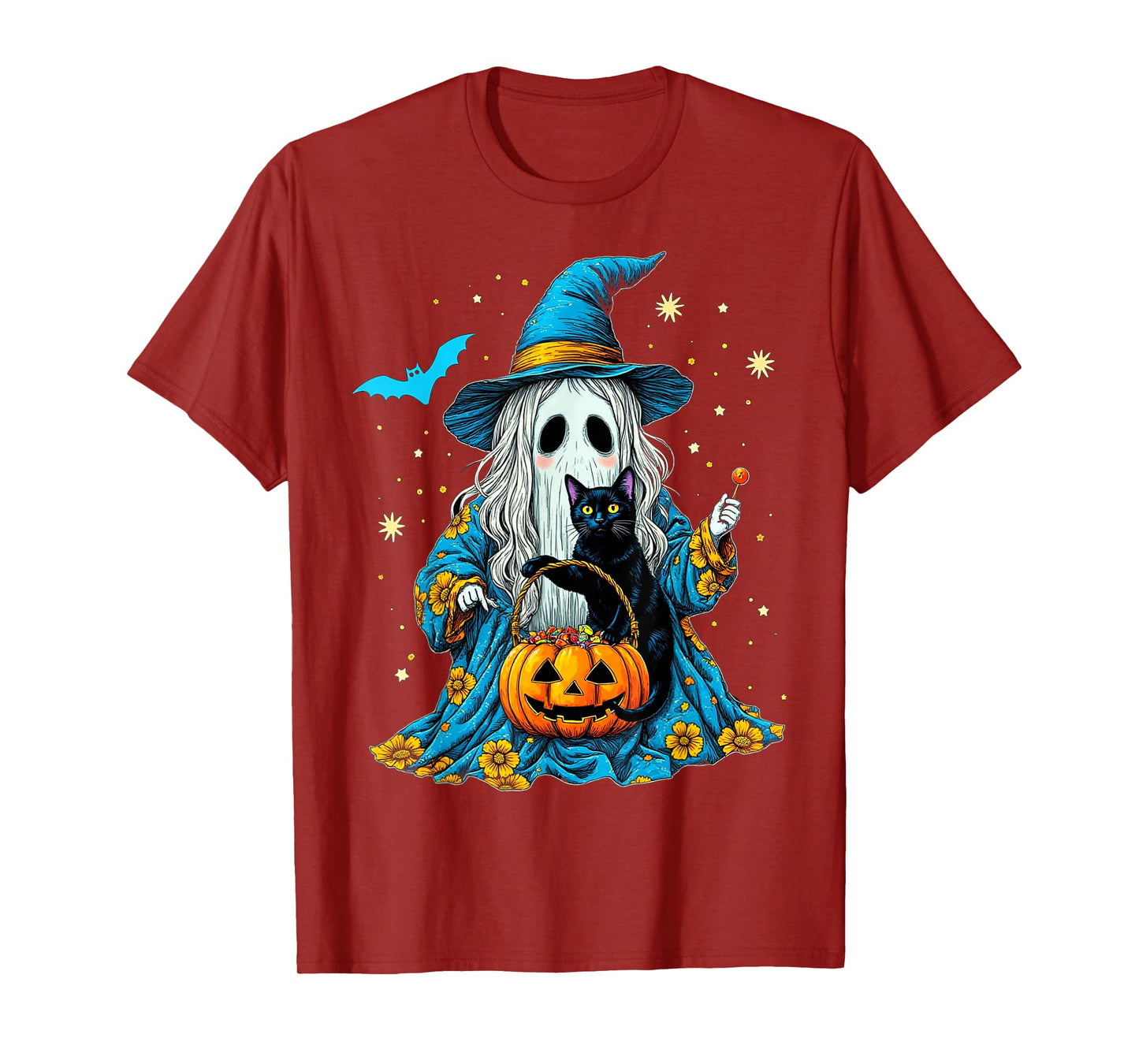 Ghost Holding Black Cat Lover Halloween 2025 Groovy Floral T-Shirt