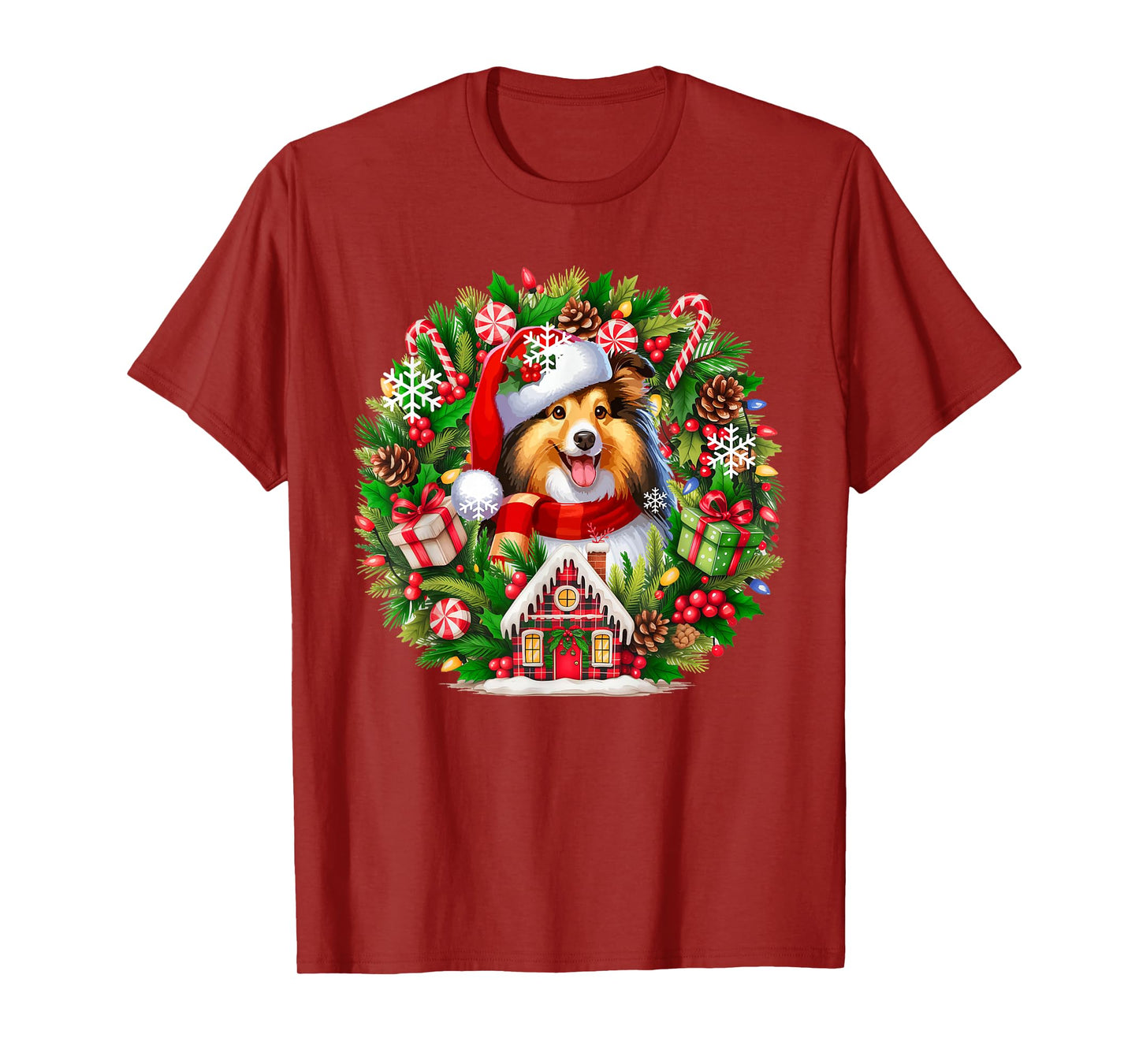 Santa Sheltie Christmas Floral Circle Matching Owner Kids T-Shirt