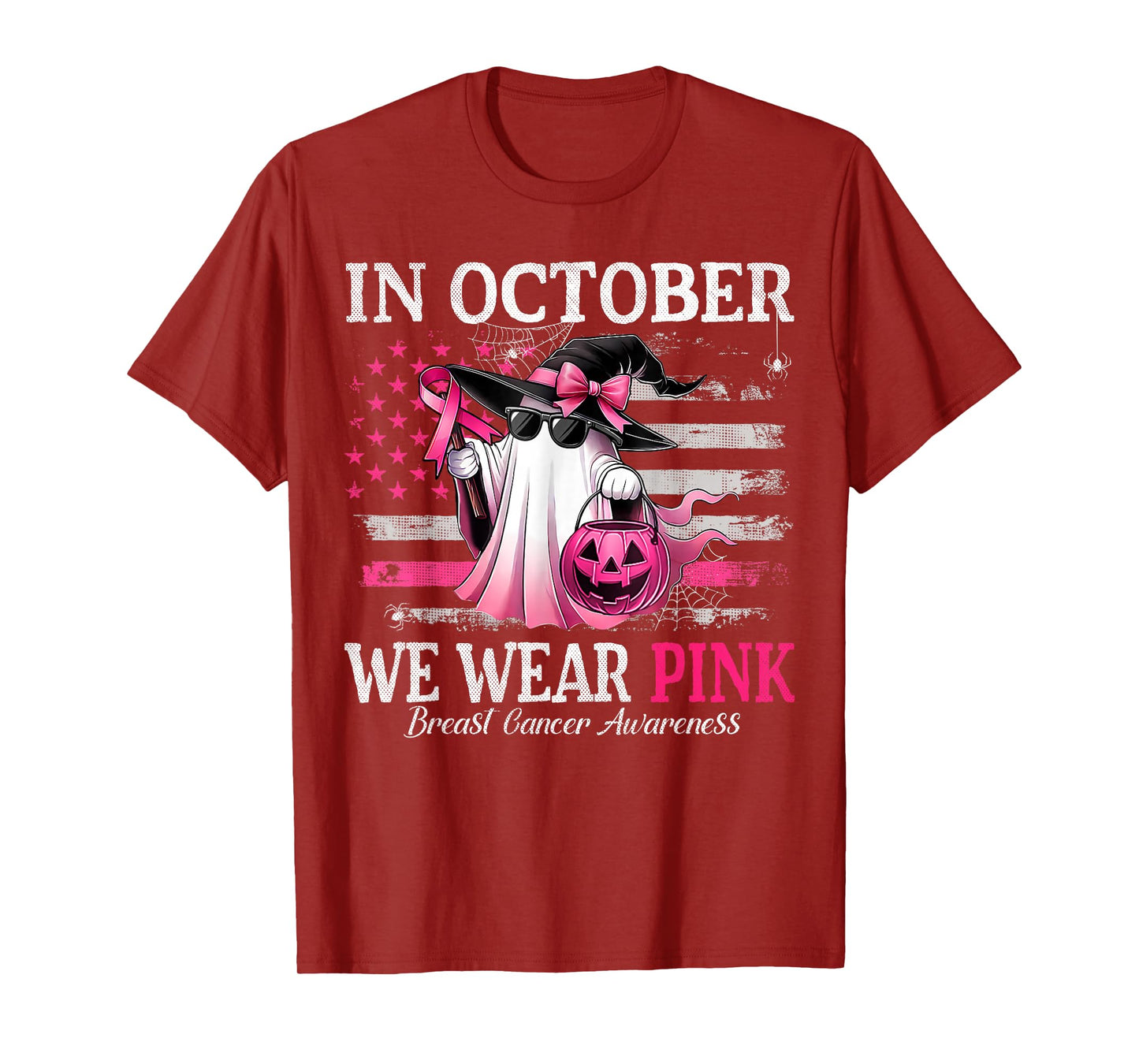in October We Wear Pink Ghost Witch Breast Cancer Awareness T-Shirt