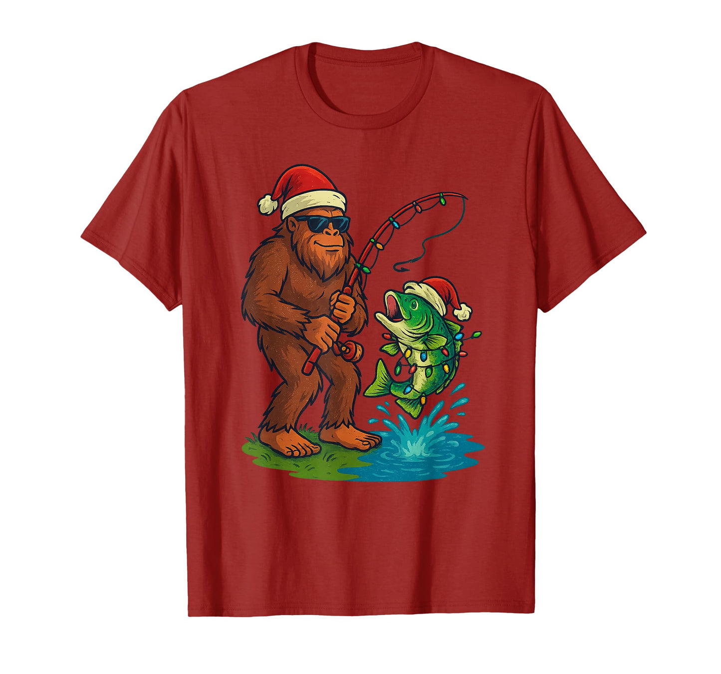 Sasquatch Fishing Christmas Vintage Fish Funny Xmas T-Shirt