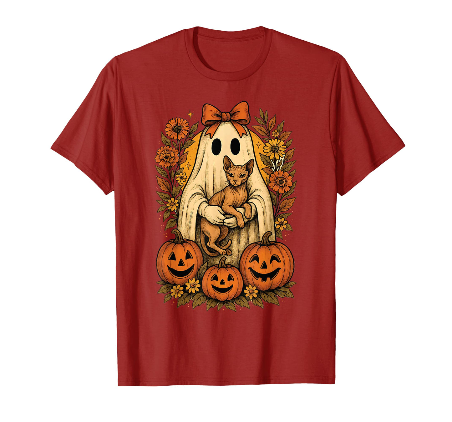 Vintage Ghost Holding Sphynx Cat with Pumpkins Halloween T-Shirt