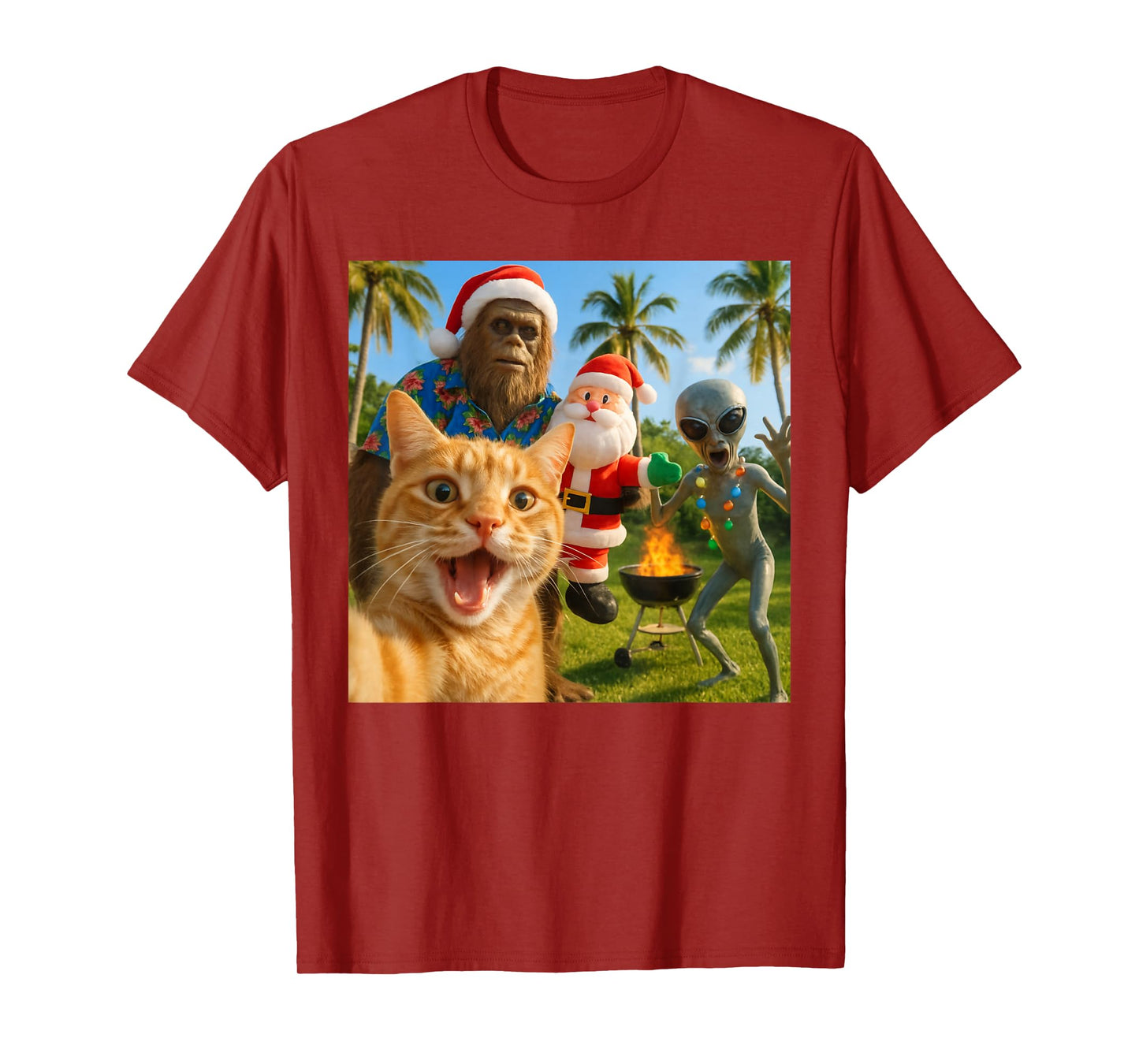 Funny Christmas Cat Selfie with Bigfoot & Alien BBQ Party T-Shirt
