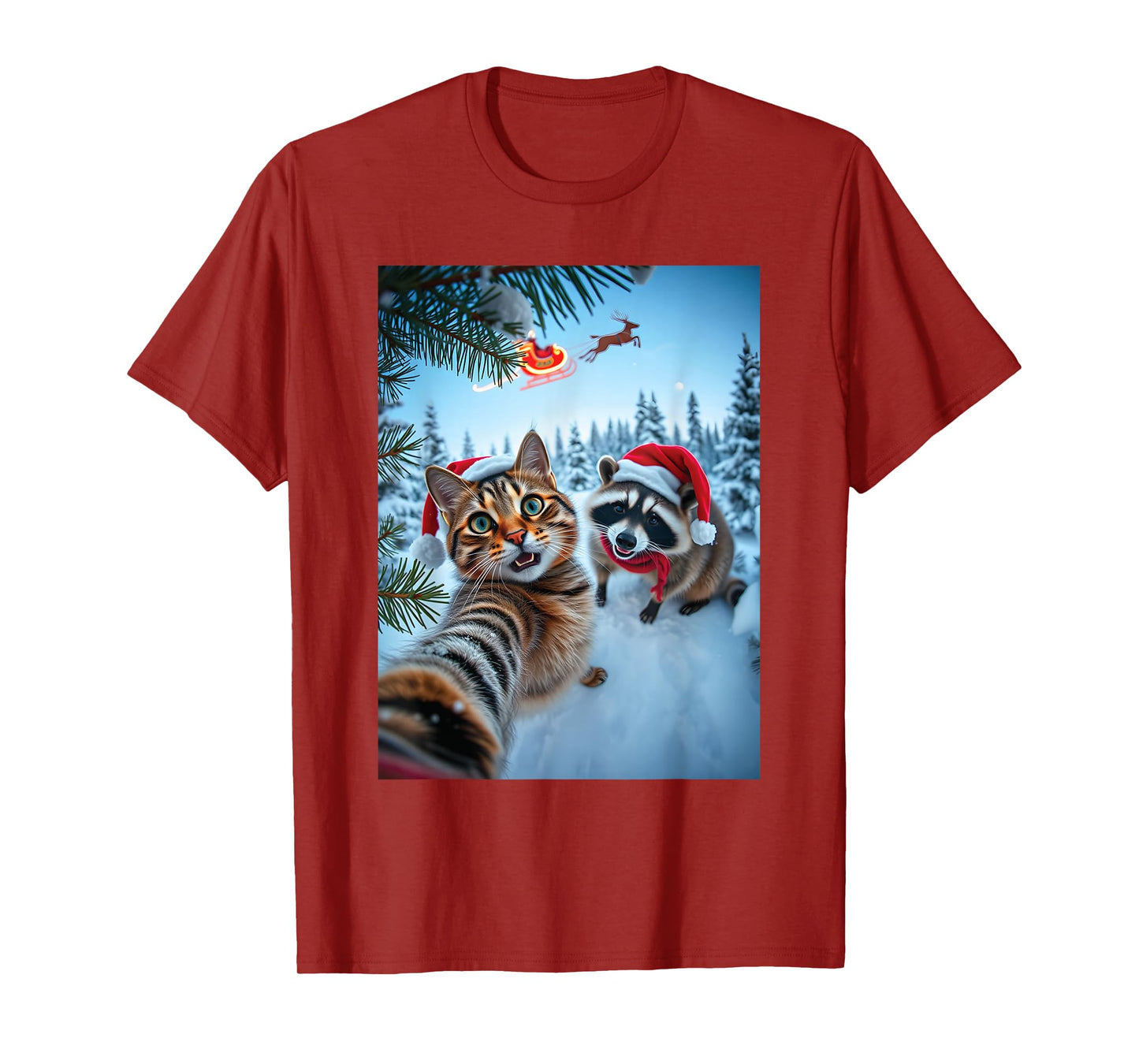 Funny Christmas Santa Raccoon Cat Selfie for Men Women T-Shirt