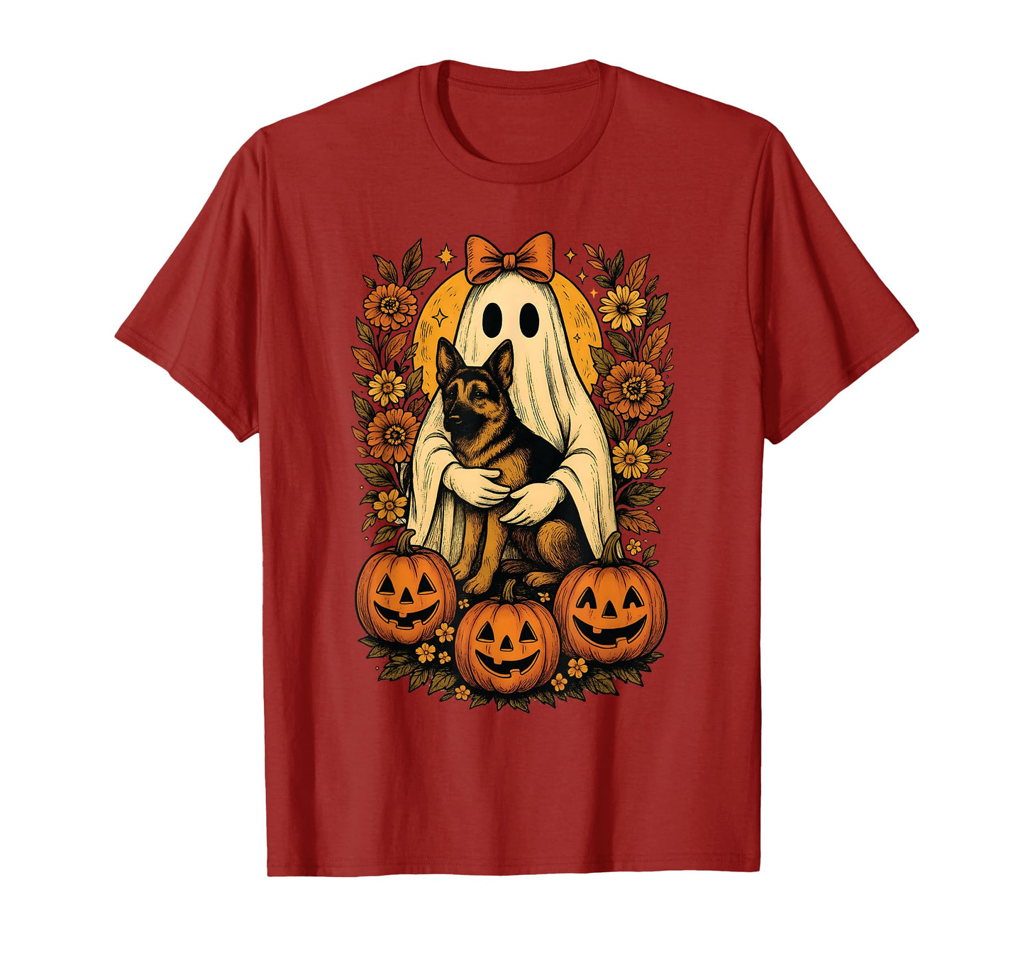 Vintage Halloween Ghost Holding German Shepherd Dog T-Shirt