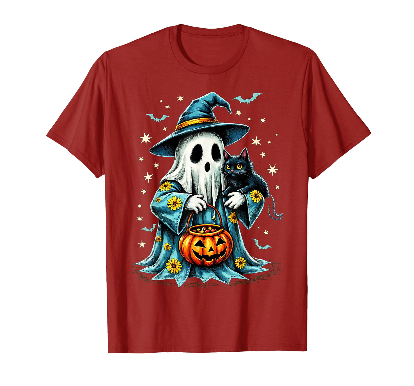 Ghost Holding Black Cat Lover Halloween 2025 Groovy Floral T-Shirt