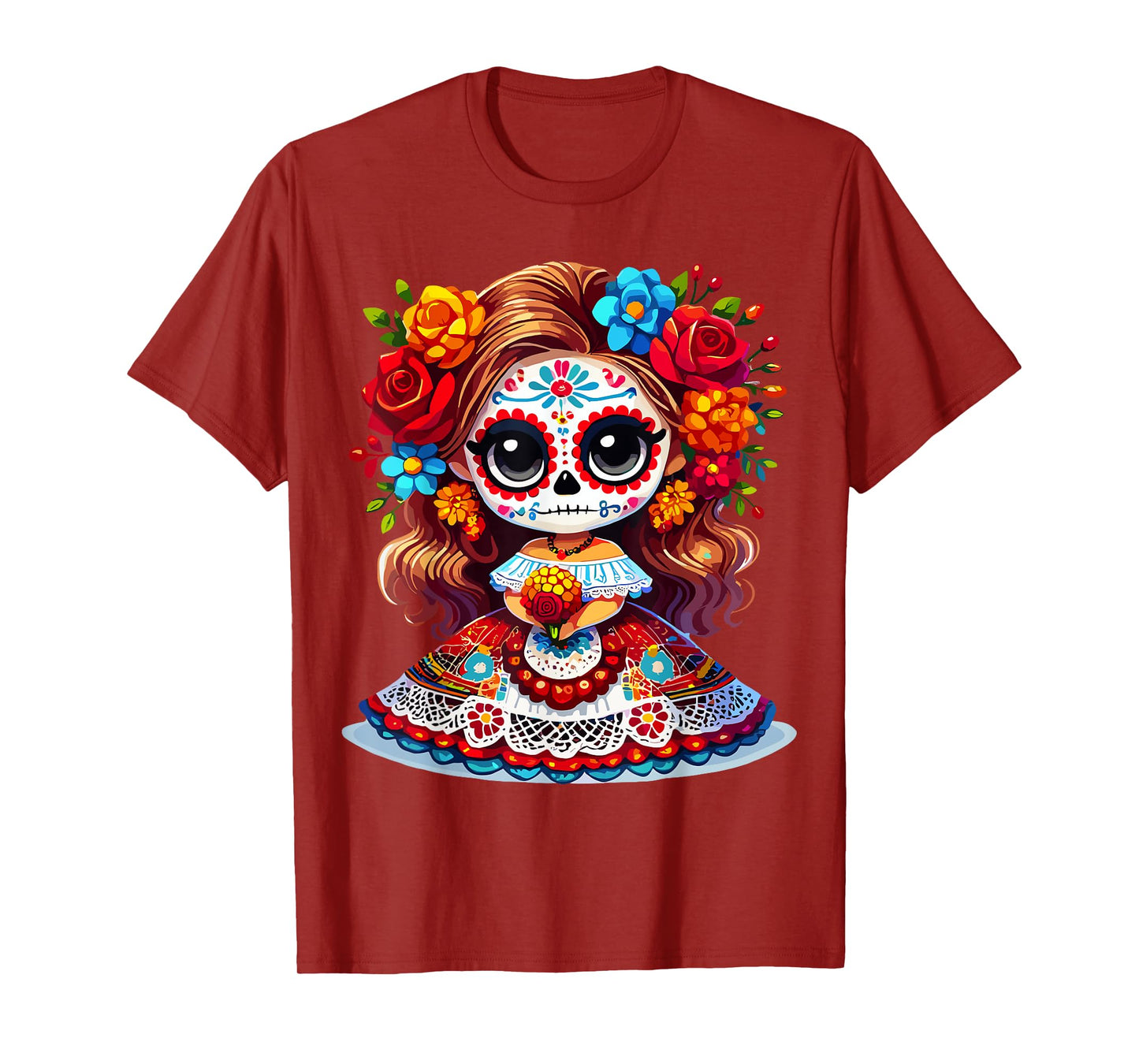 Cute Catrina Doll with Flowers Sugar Skull Halloween Costume T-Shirt