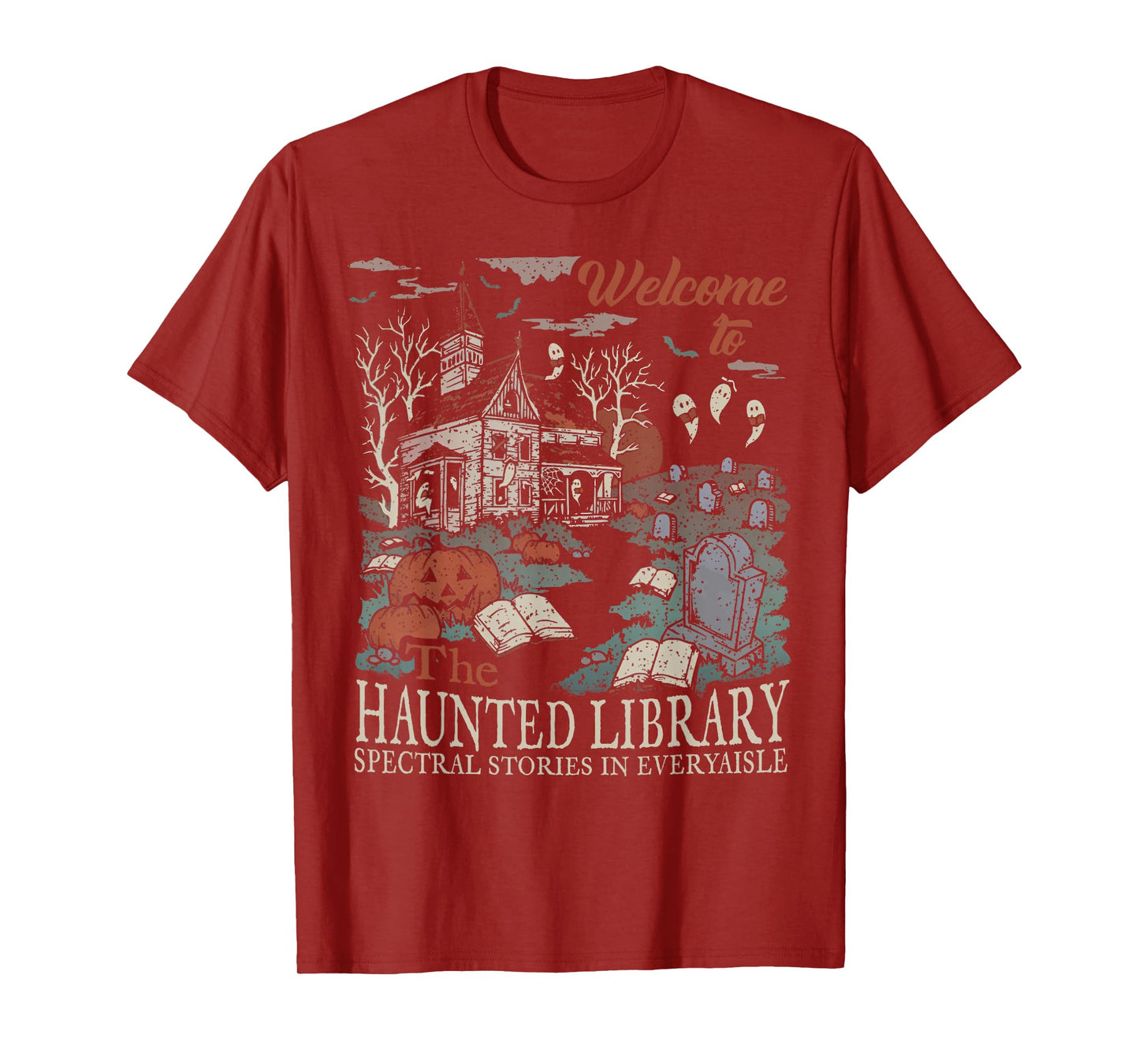 Retro Welcome To The Haunted Library Book Lovers Halloween T-Shirt
