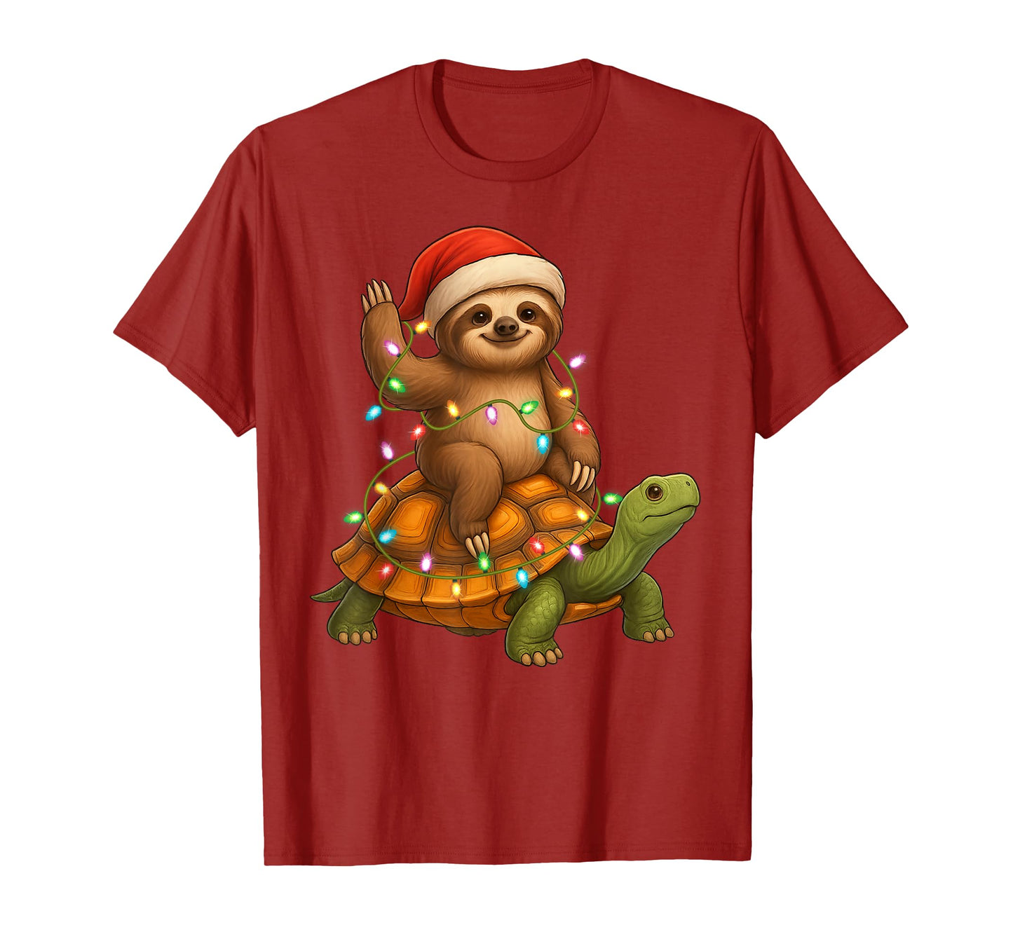 Sloth Riding Turtle Christmas Tees Snow Xmas Lights Pajamas T-Shirt