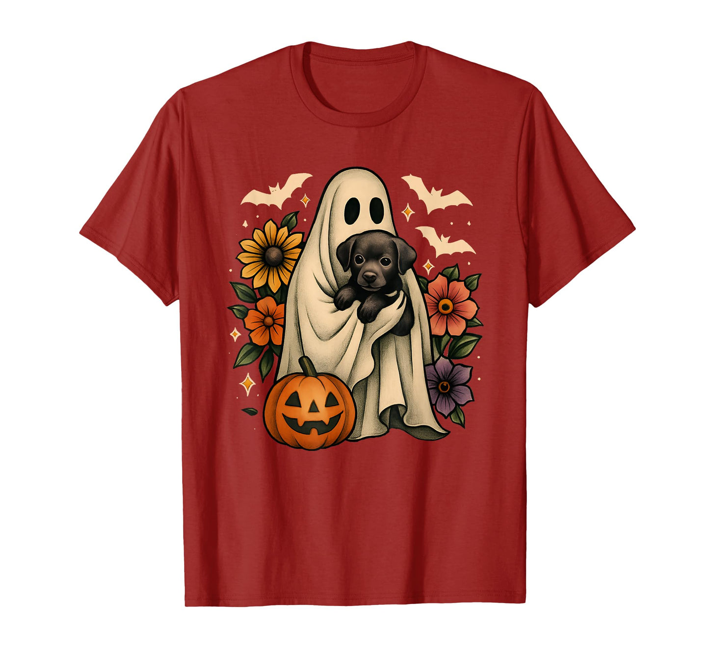 Floral Ghost Black Dog Coquette Funny Halloween Design T-Shirt