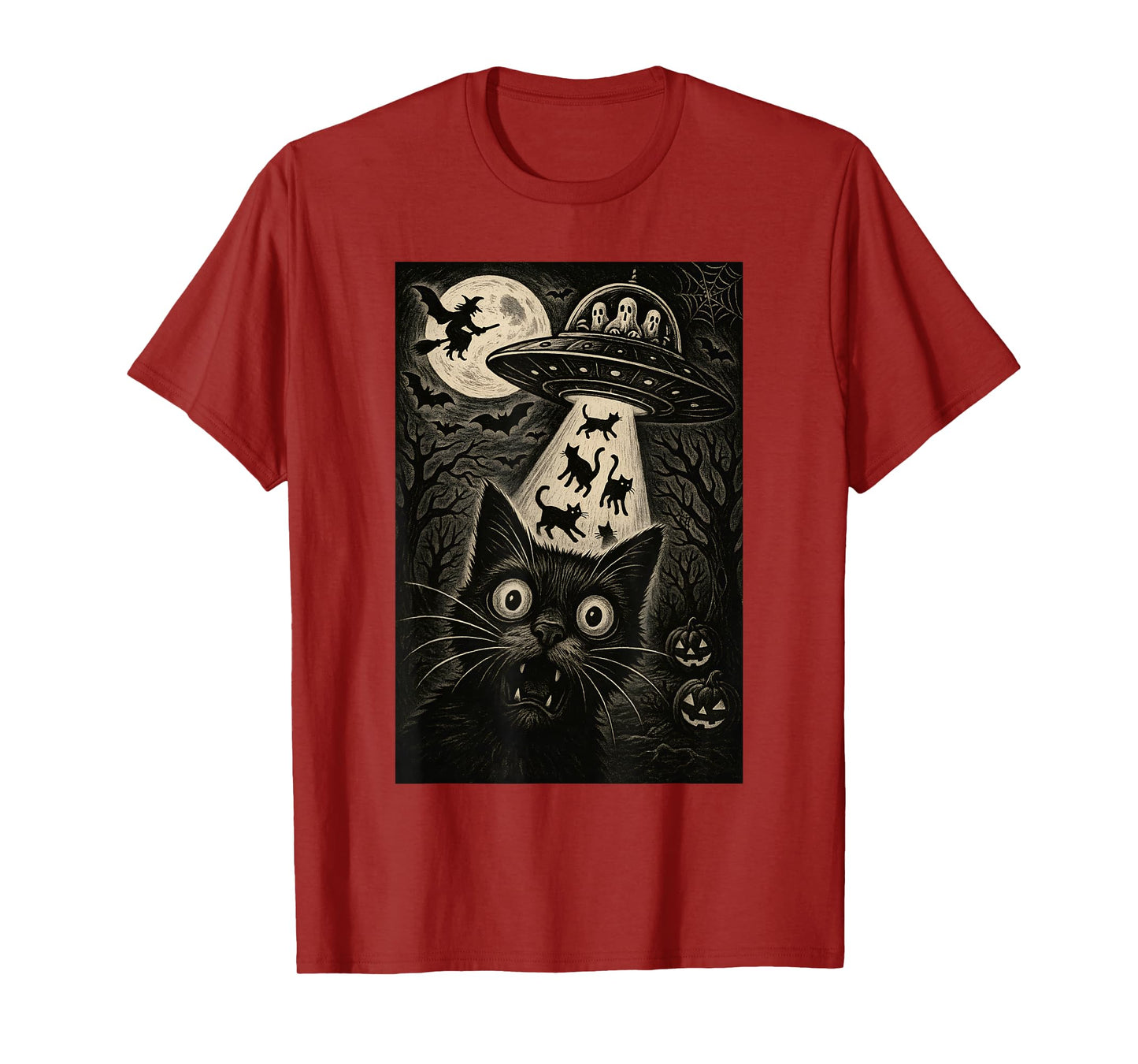 Halloween Cat Selfie Spooky Alien Abduction Cats UFO Flying T-Shirt