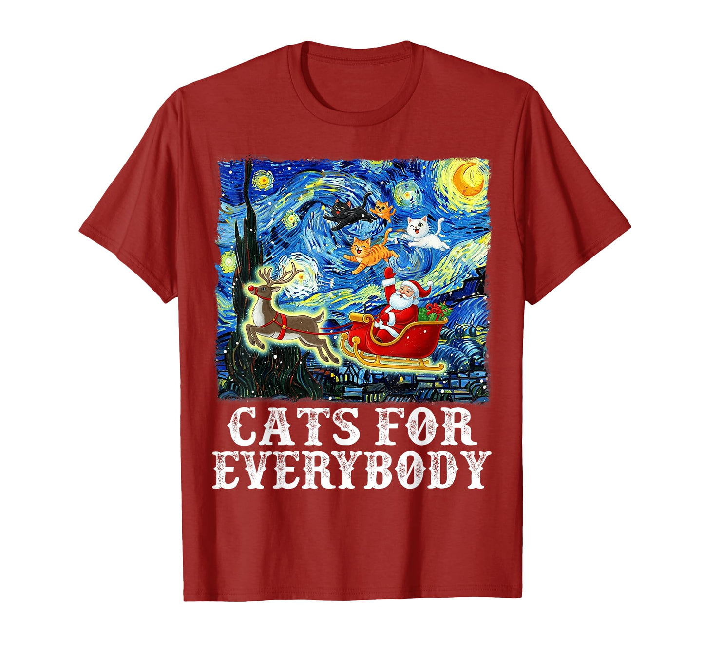 Santa Sleigh Christmas Cats for Everybody Starry Night Xmas T-Shirt